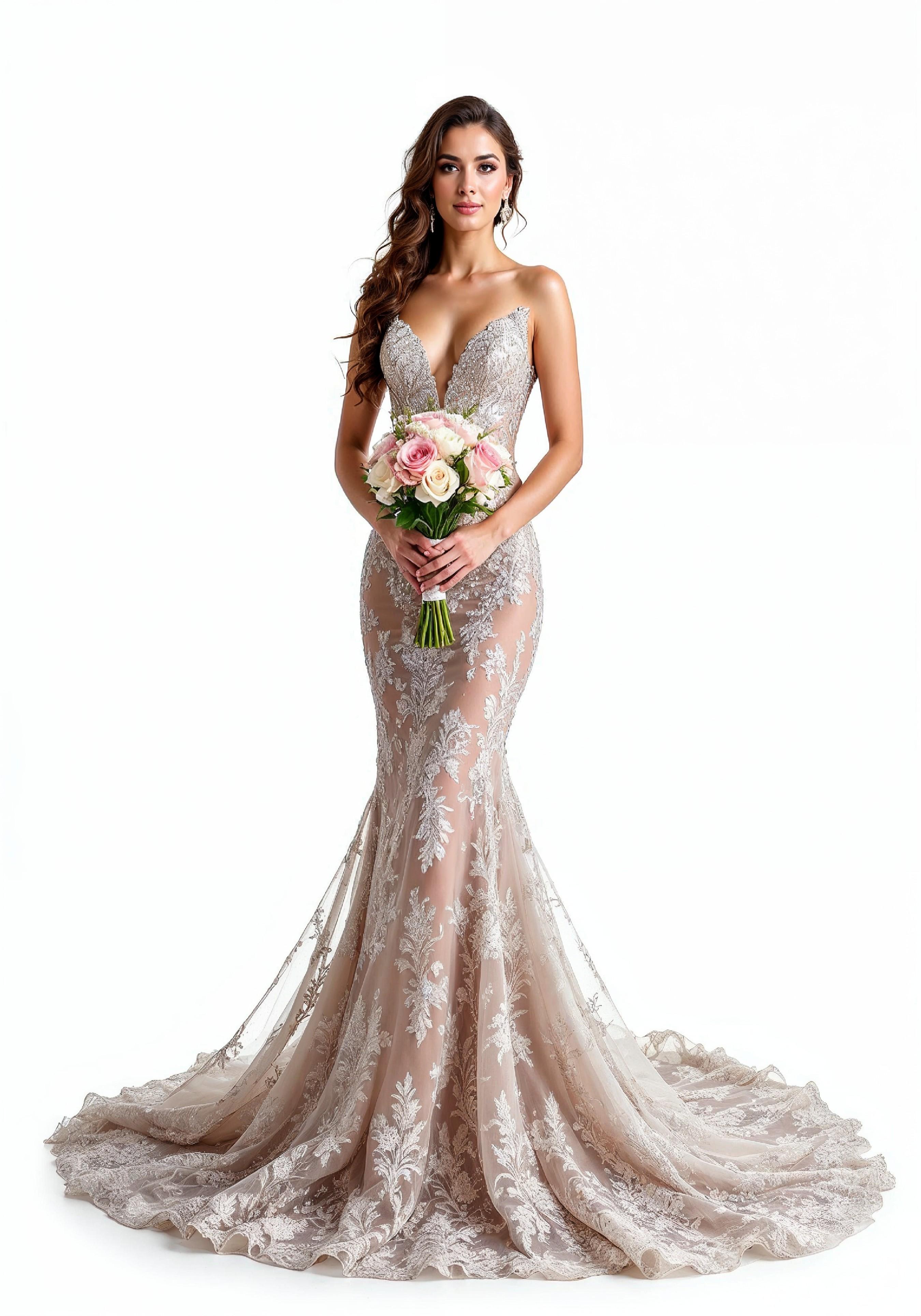 Elegant Young Bride in White Wedding Gown Posing in Studio on Light Background