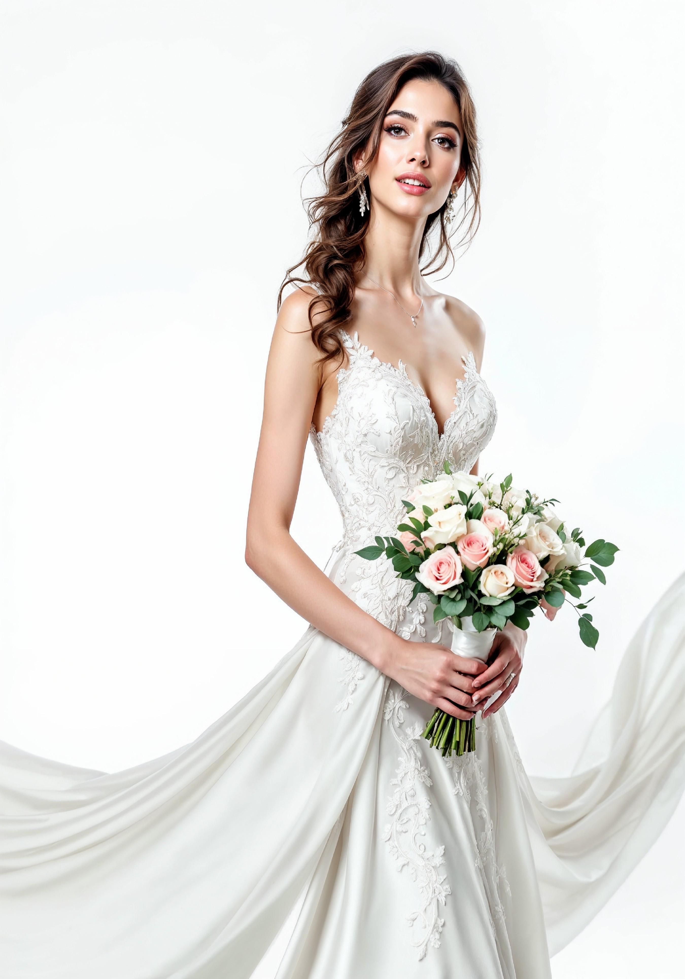 Elegant Young Bride in White Wedding Gown Posing in Studio on Light Background