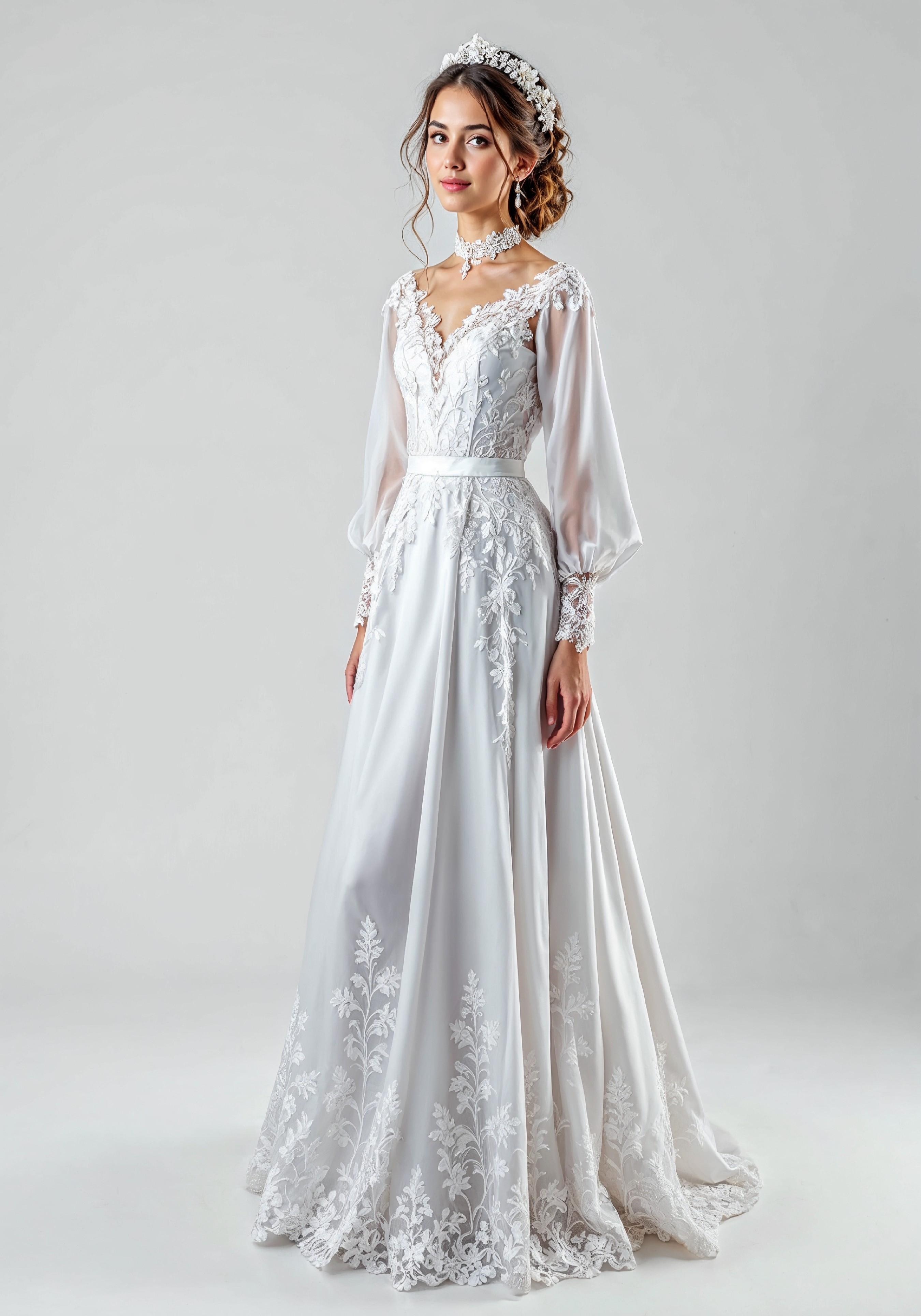 Elegant Young Bride in White Wedding Gown Posing in Studio on Light Background