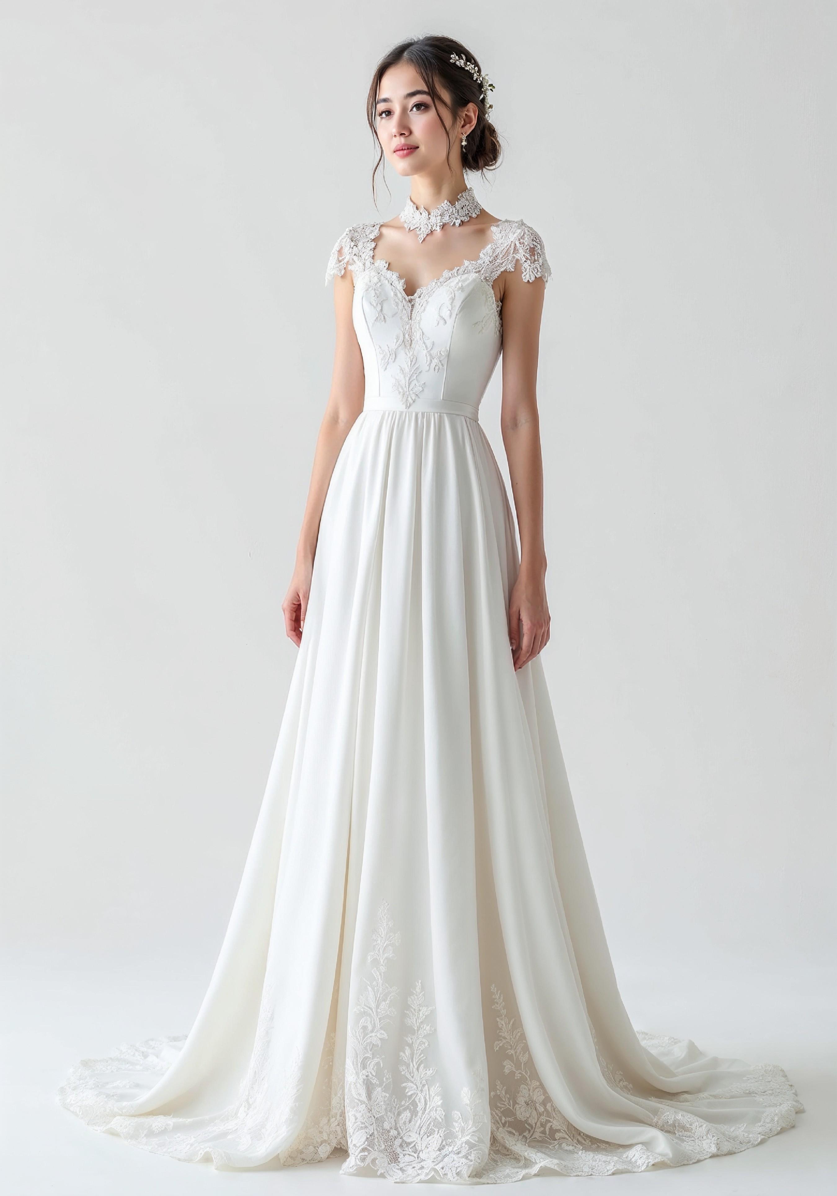 Elegant Young Bride in White Wedding Gown Posing in Studio on Light Background