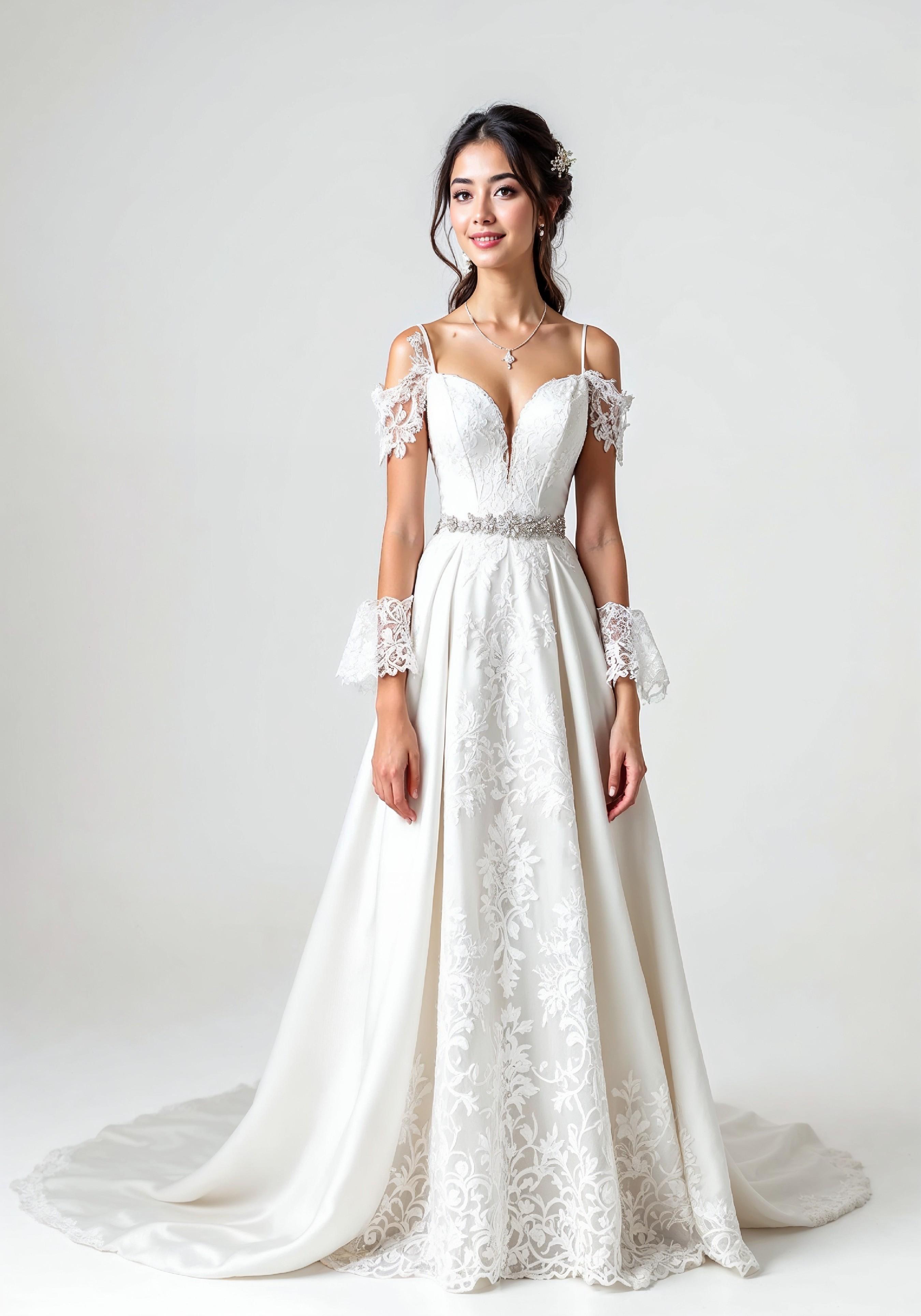 Elegant Young Bride in White Wedding Gown Posing in Studio on Light Background