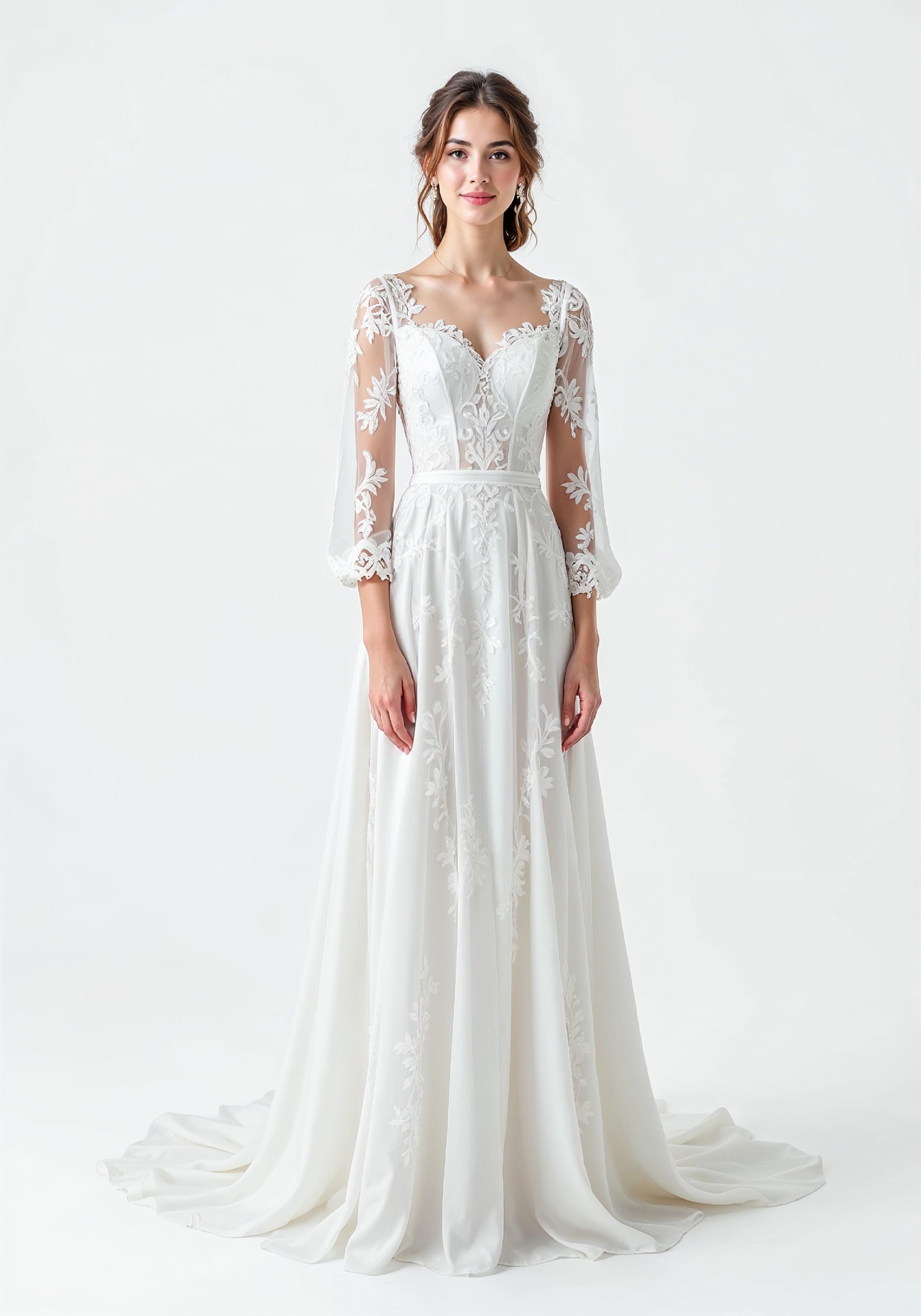 Elegant Young Bride in White Wedding Gown Posing in Studio on Light Background