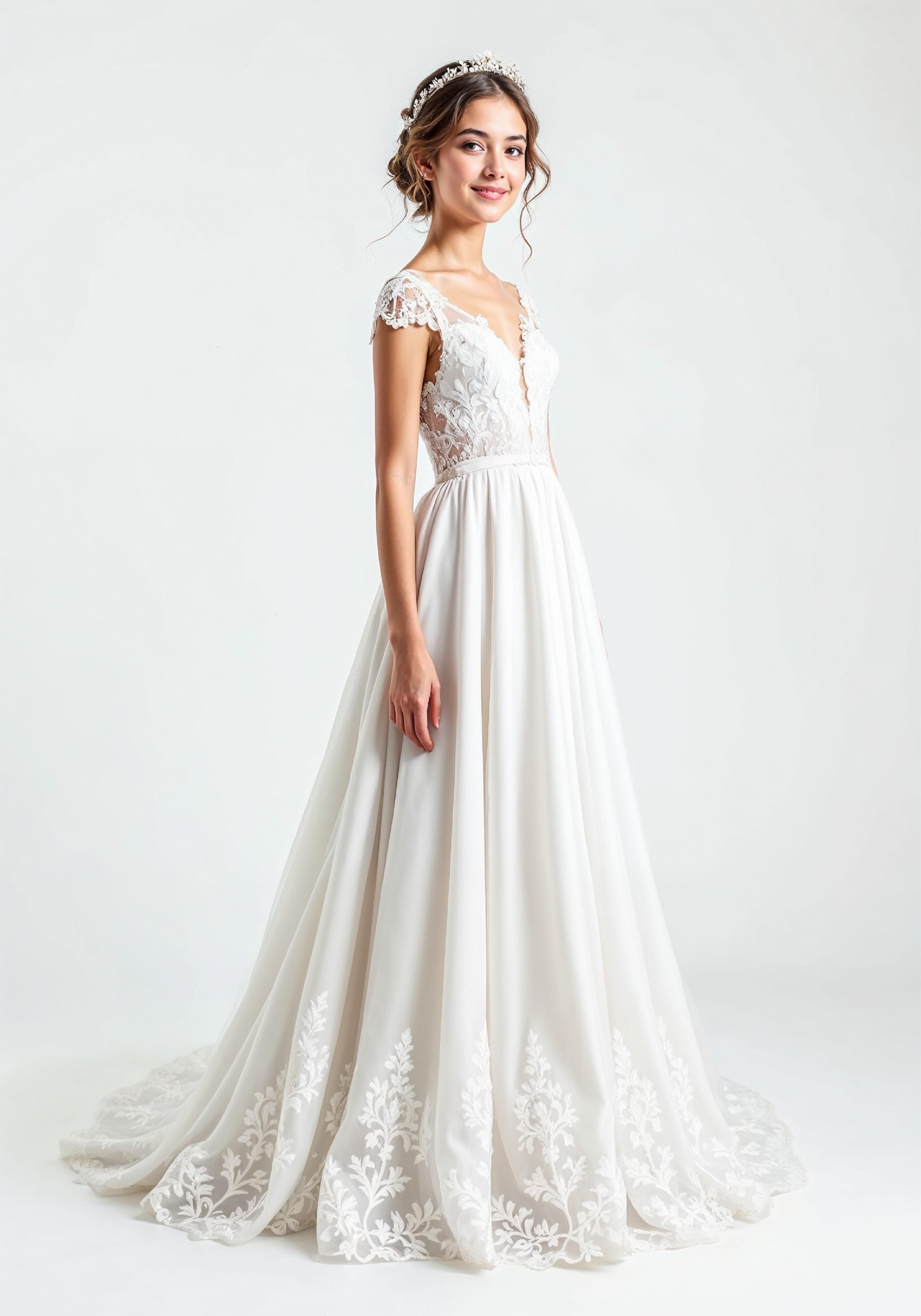 Elegant Young Bride in White Wedding Gown Posing in Studio on Light Background