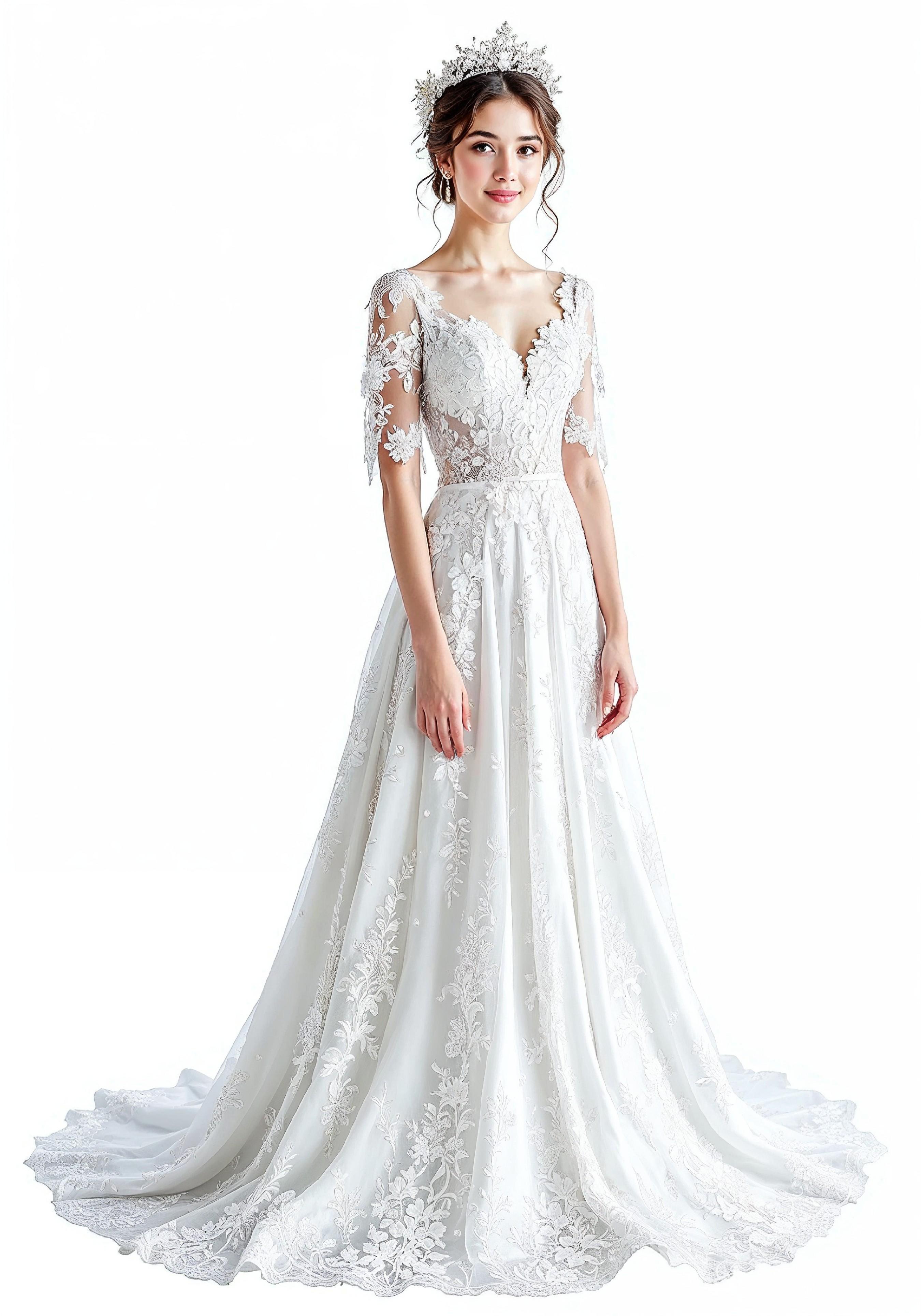 Elegant Young Bride in White Wedding Gown Posing in Studio on Light Background