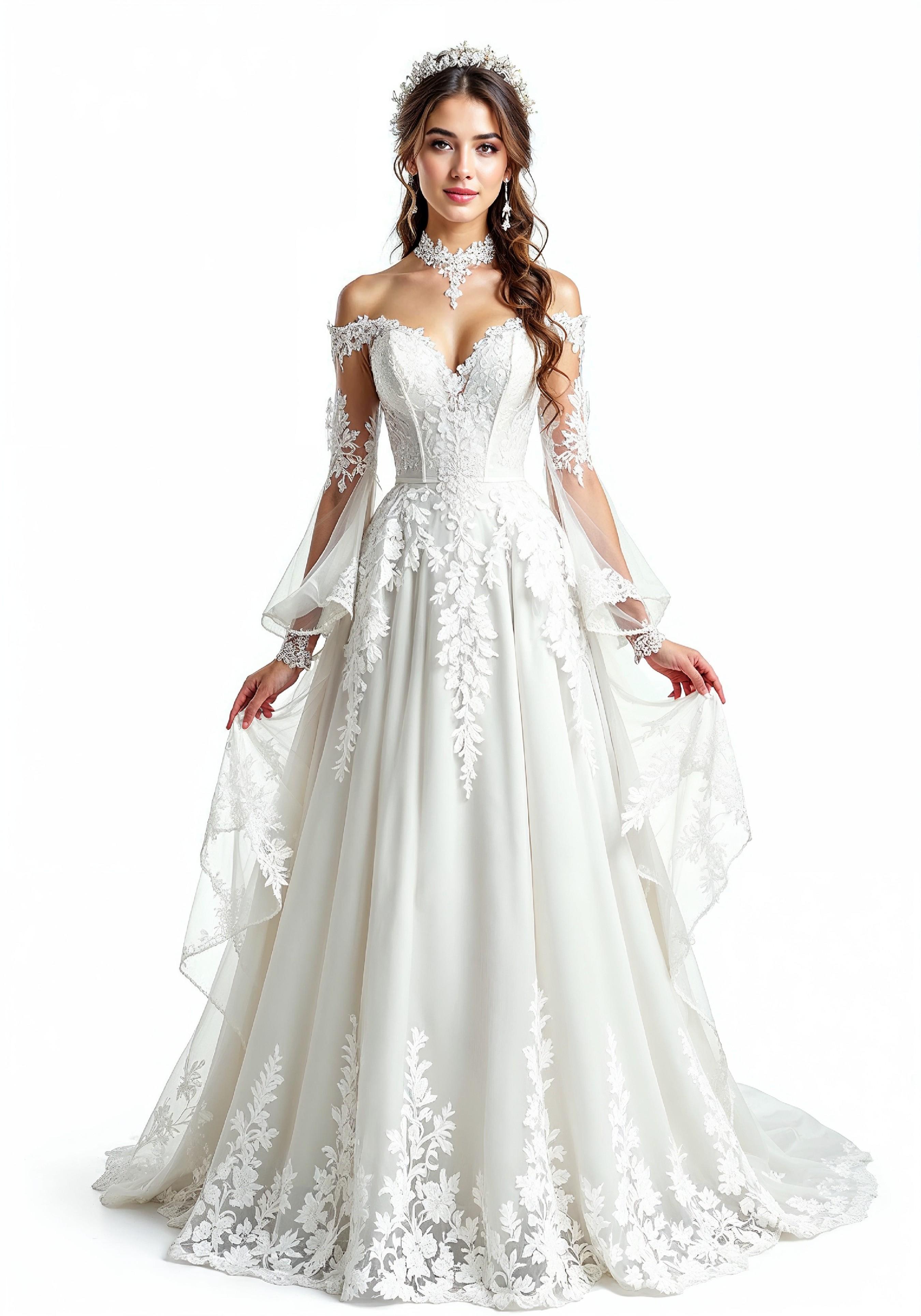 Elegant Young Bride in White Wedding Gown Posing in Studio on Light Background