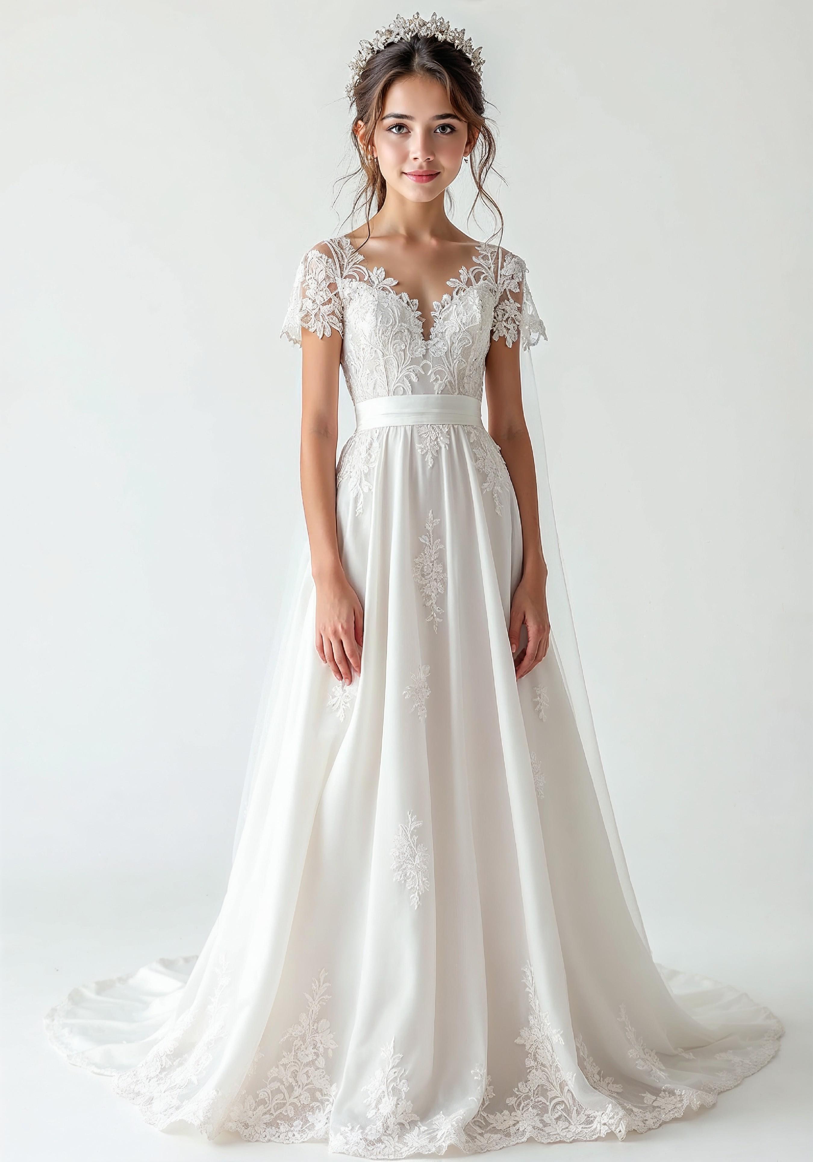 Elegant Young Bride in White Wedding Gown Posing in Studio on Light Background