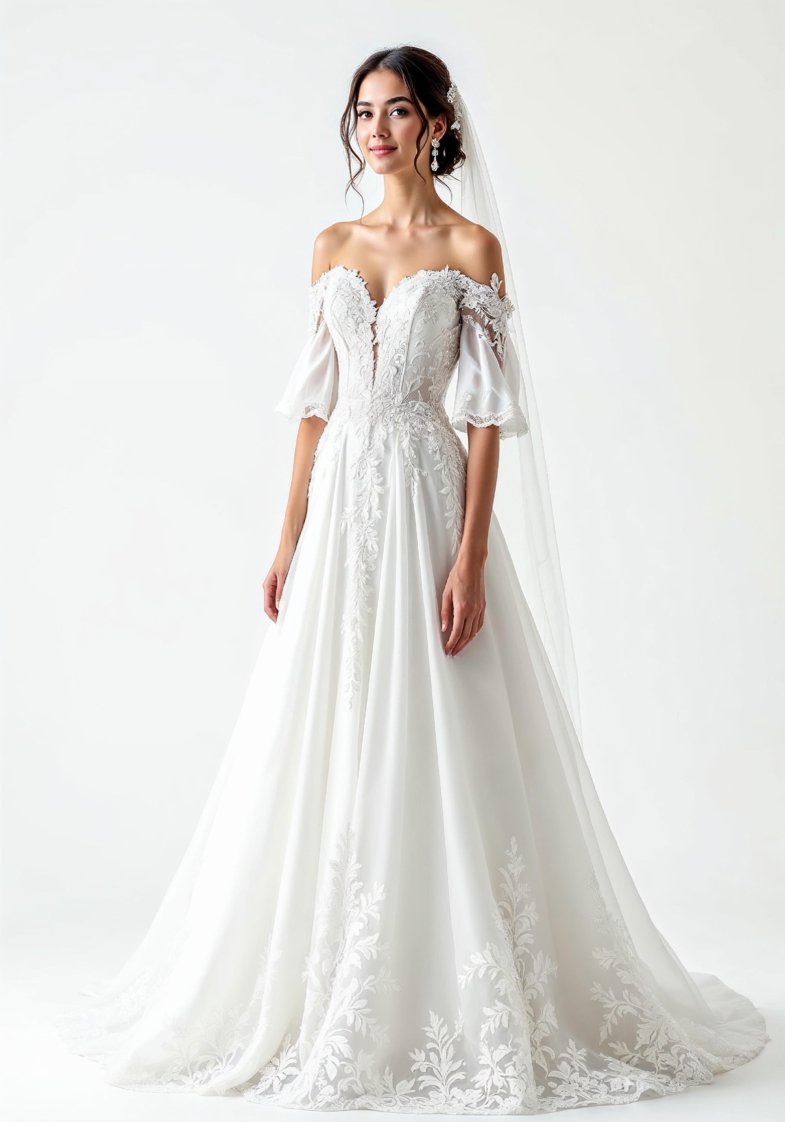 Elegant Young Bride in White Wedding Gown Posing in Studio on Light Background