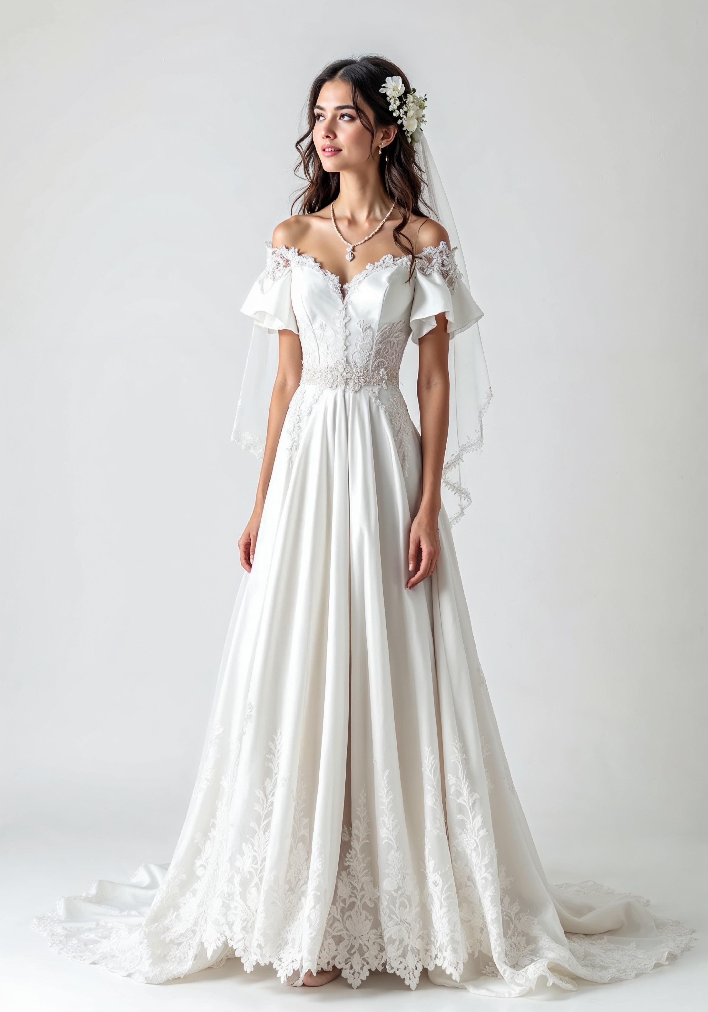 Elegant Young Bride in White Wedding Gown Posing in Studio on Light Background