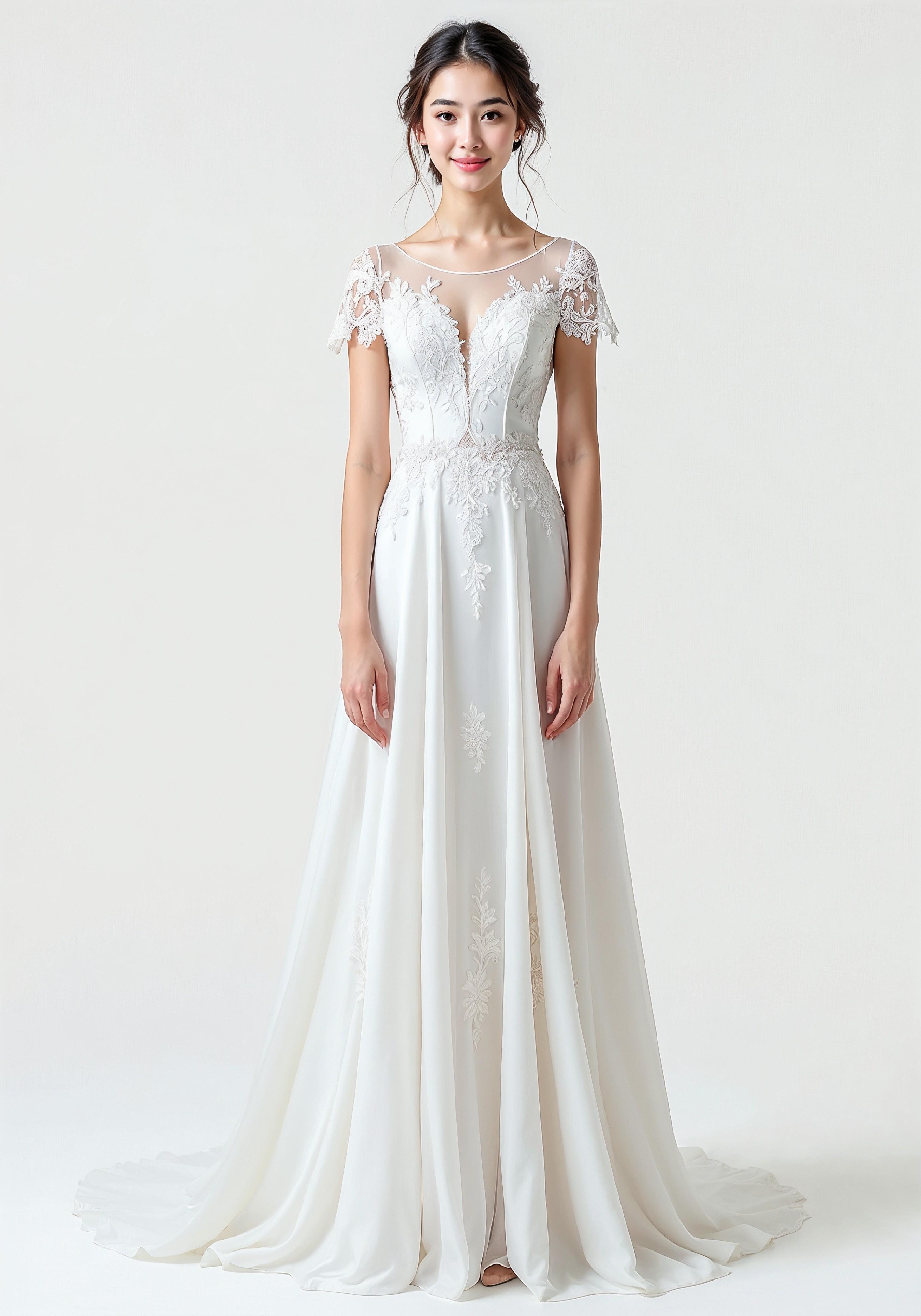 Elegant Young Bride in White Wedding Gown Posing in Studio on Light Background