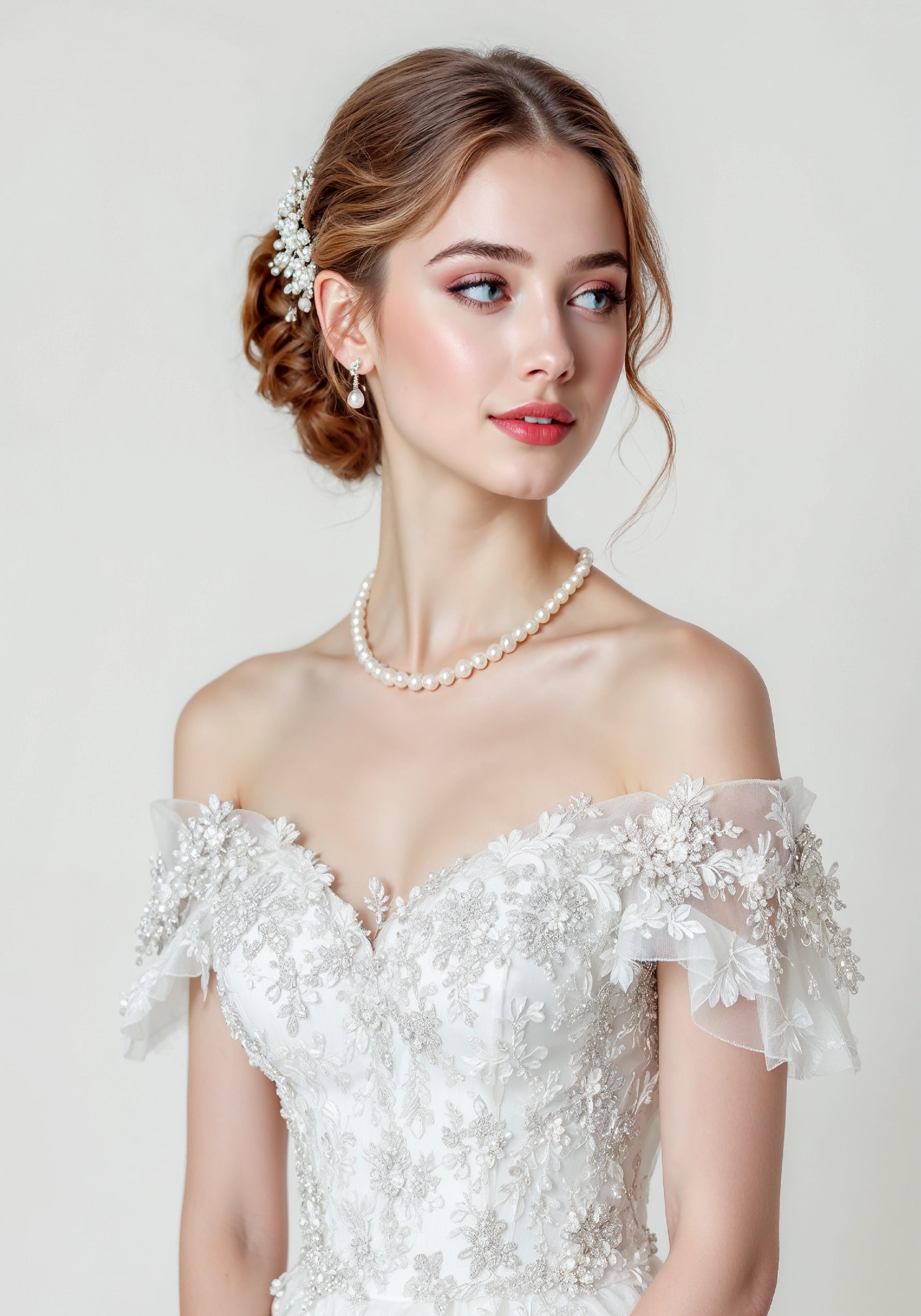 Elegant Young Bride in White Wedding Gown Posing in Studio on Light Background
