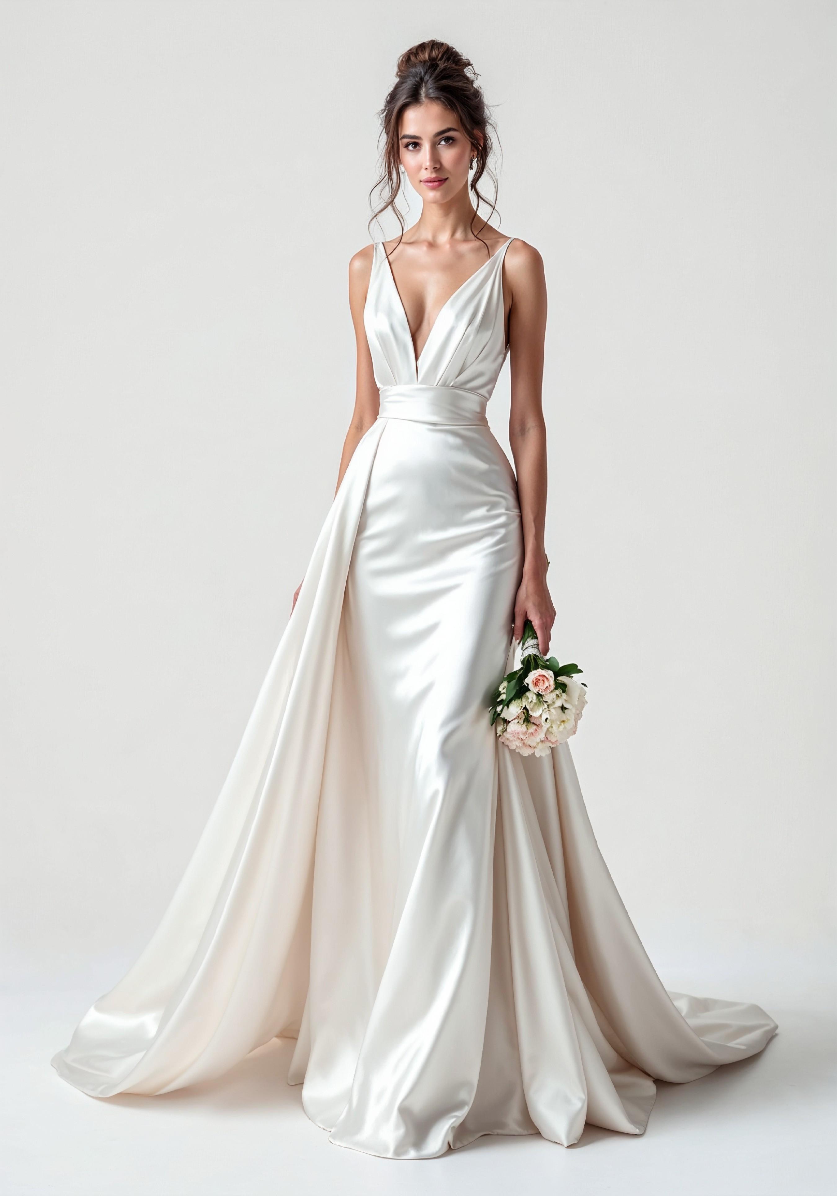 Elegant Young Bride in White Wedding Gown Posing in Studio on Light Background