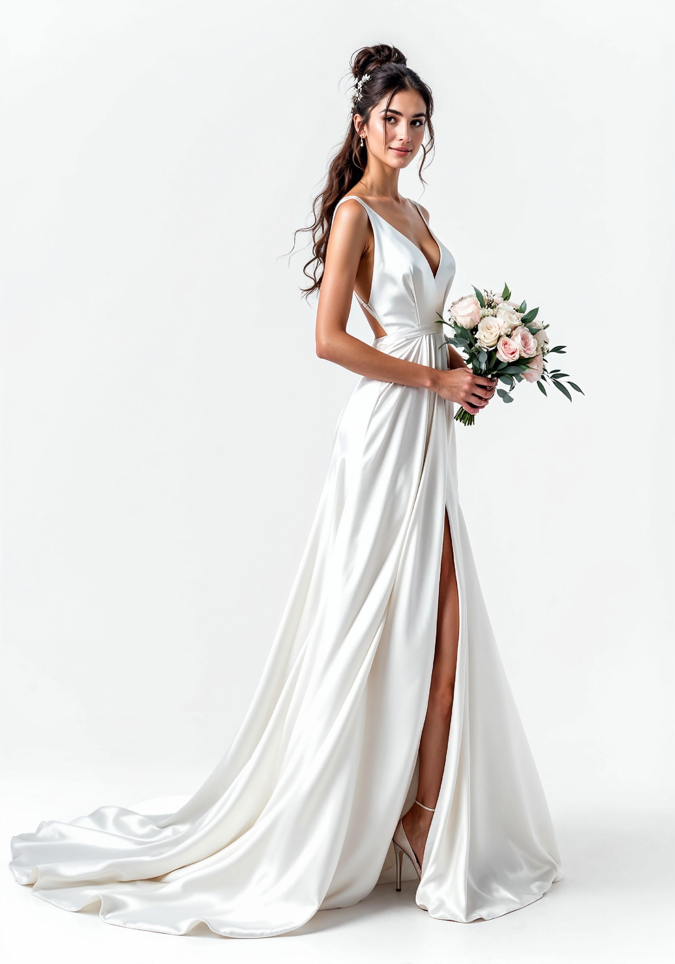 Elegant Young Bride in White Wedding Gown Posing in Studio on Light Background