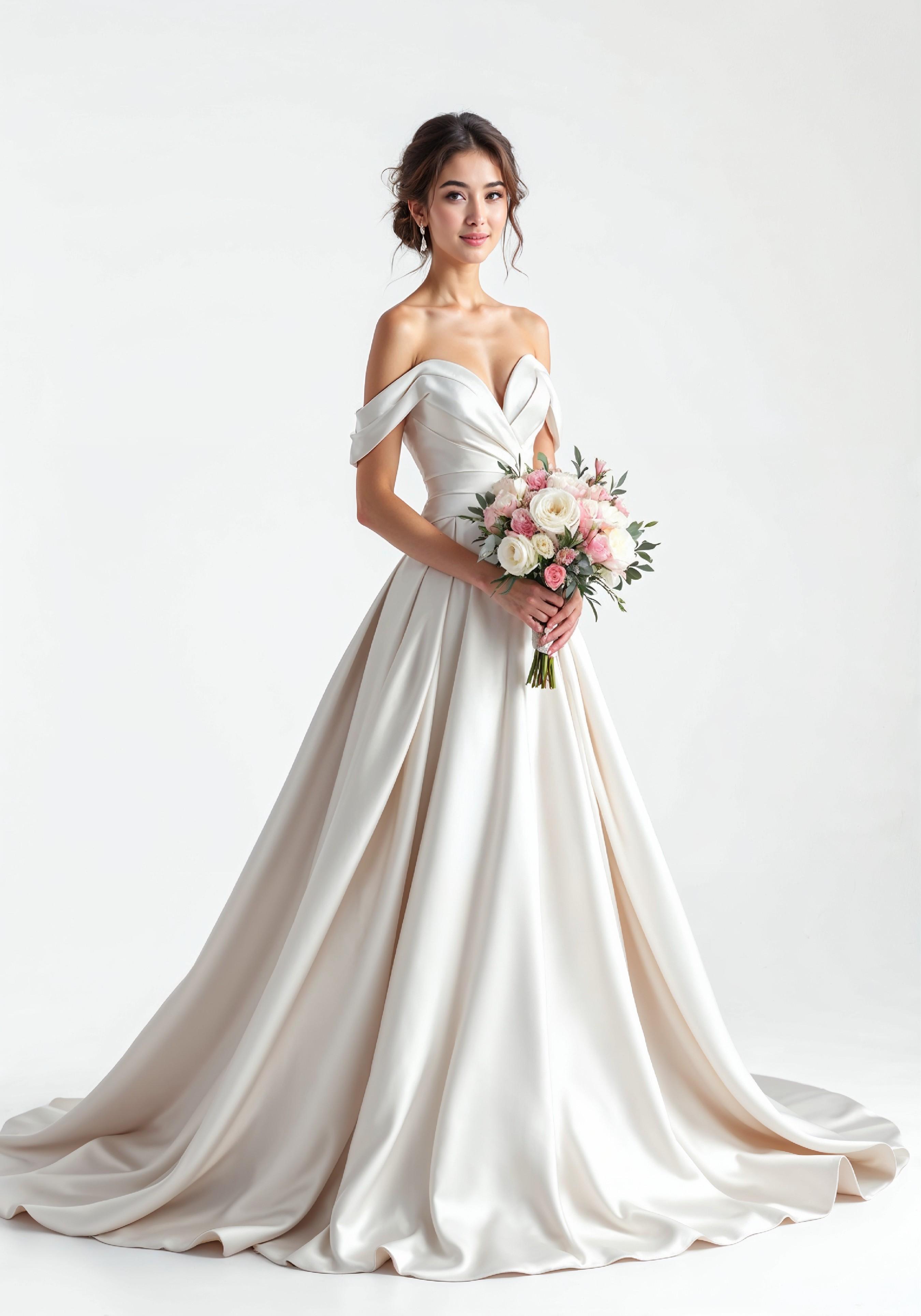 Elegant Young Bride in White Wedding Gown Posing in Studio on Light Background