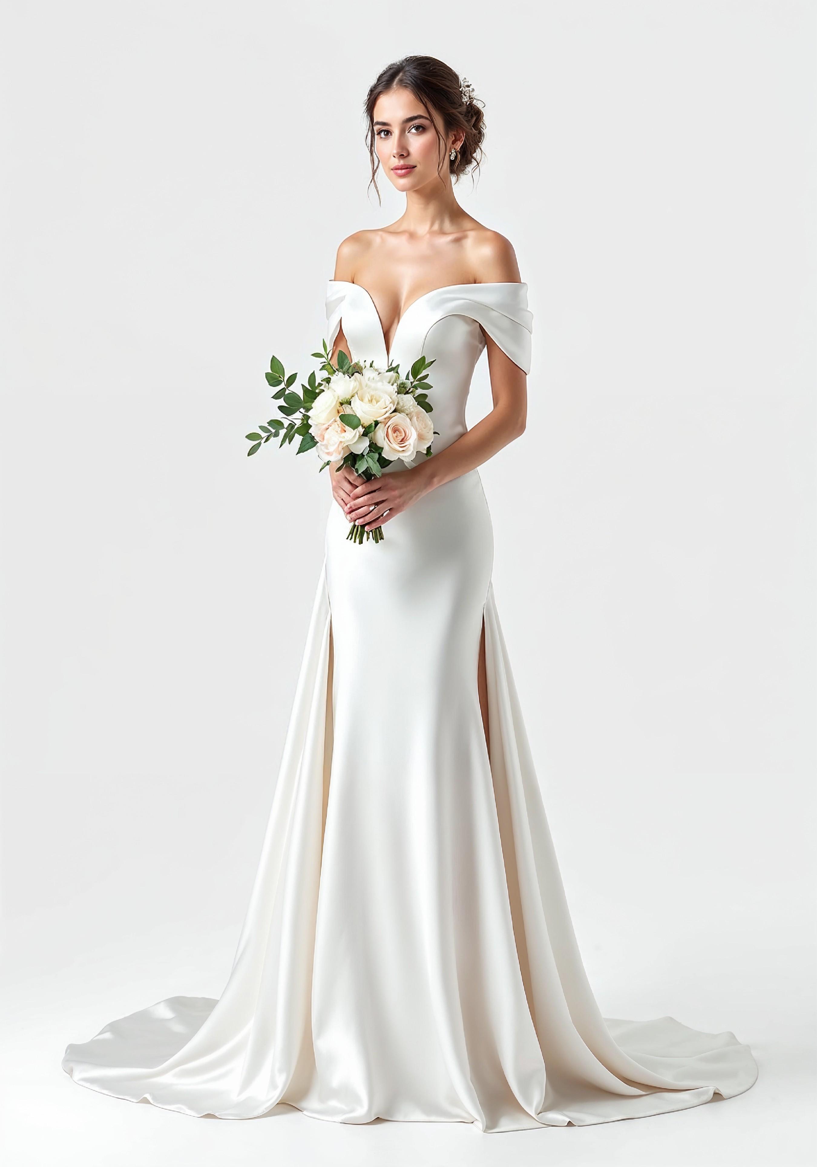 Elegant Young Bride in White Wedding Gown Posing in Studio on Light Background