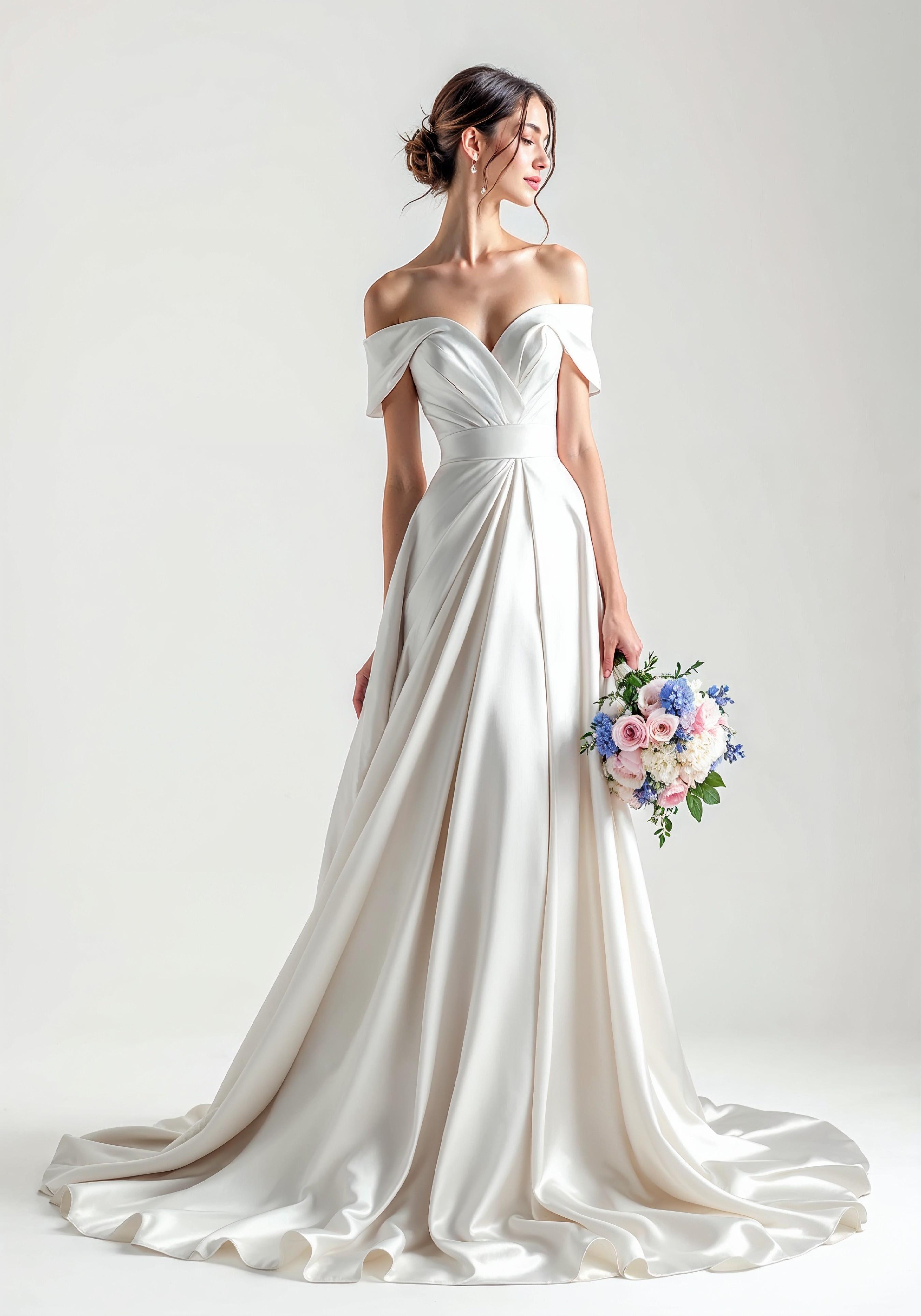 Elegant Young Bride in White Wedding Gown Posing in Studio on Light Background