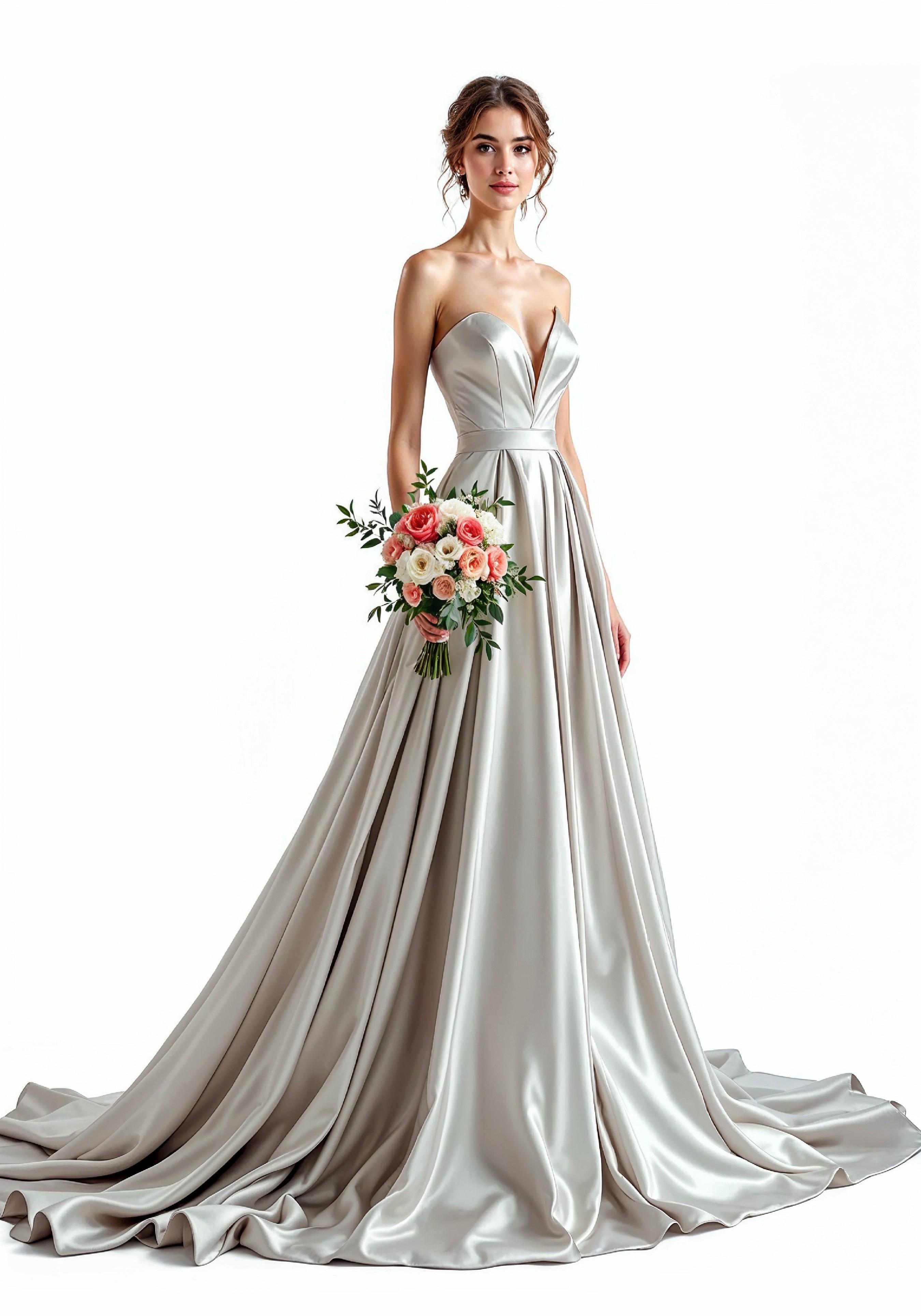 Elegant Young Bride in White Wedding Gown Posing in Studio on Light Background
