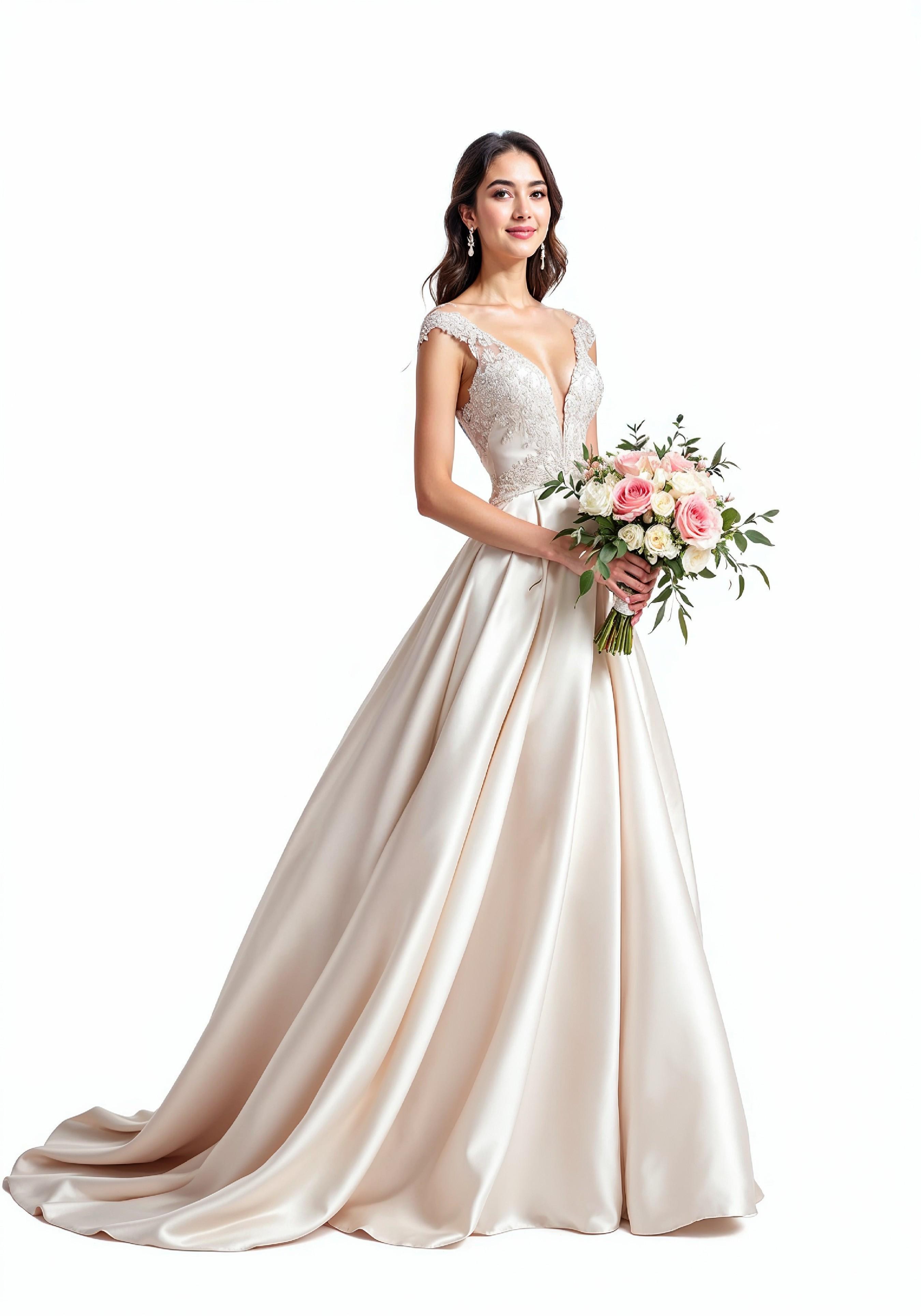 Elegant Young Bride in White Wedding Gown Posing in Studio on Light Background