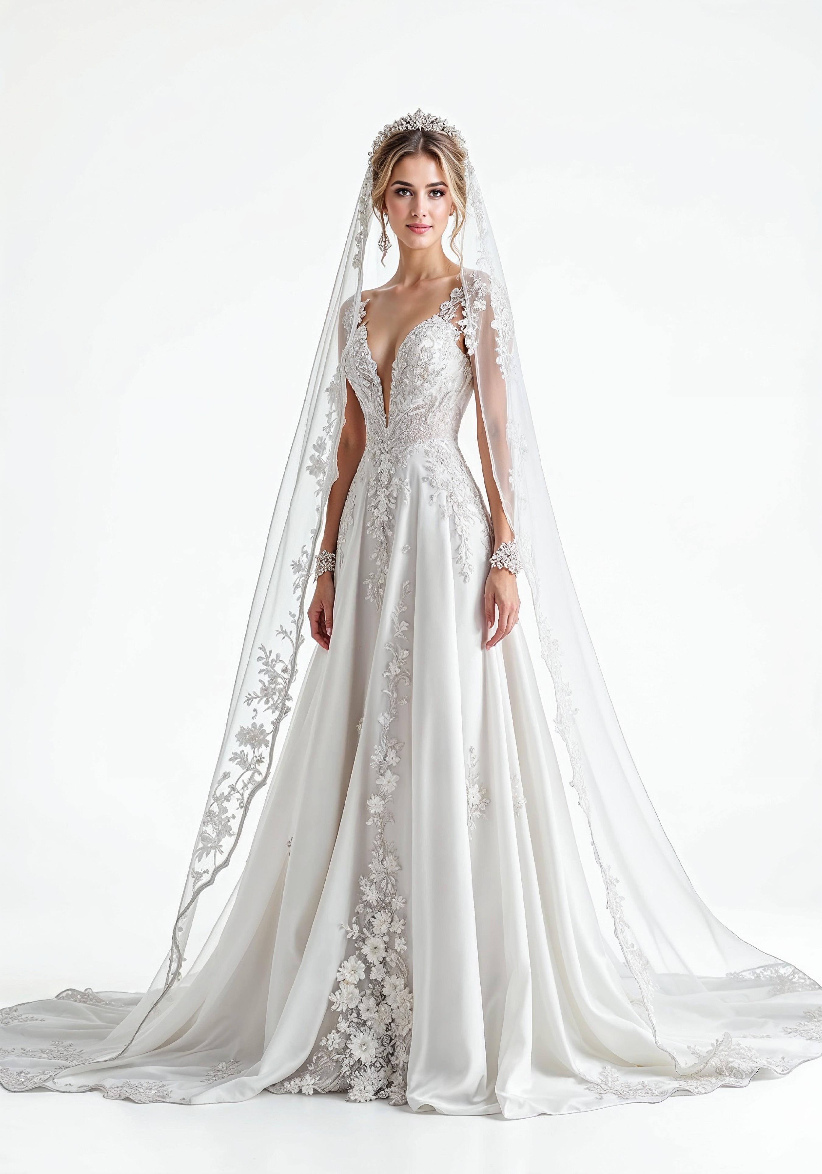 Elegant Young Bride in White Wedding Gown Posing in Studio on Light Background