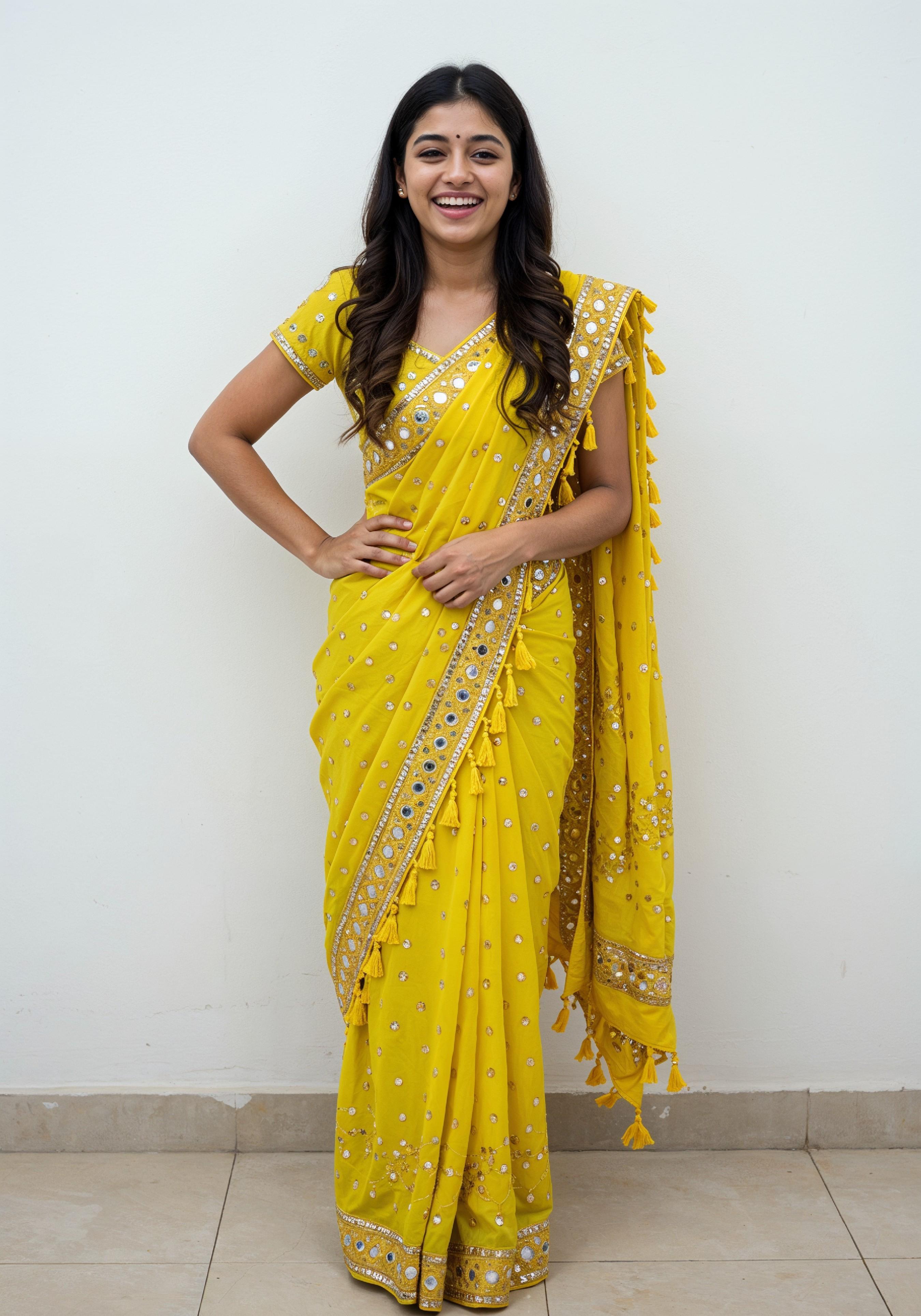 Elegant Young Indian Woman in Traditional Silk Saree Fashion Portrait