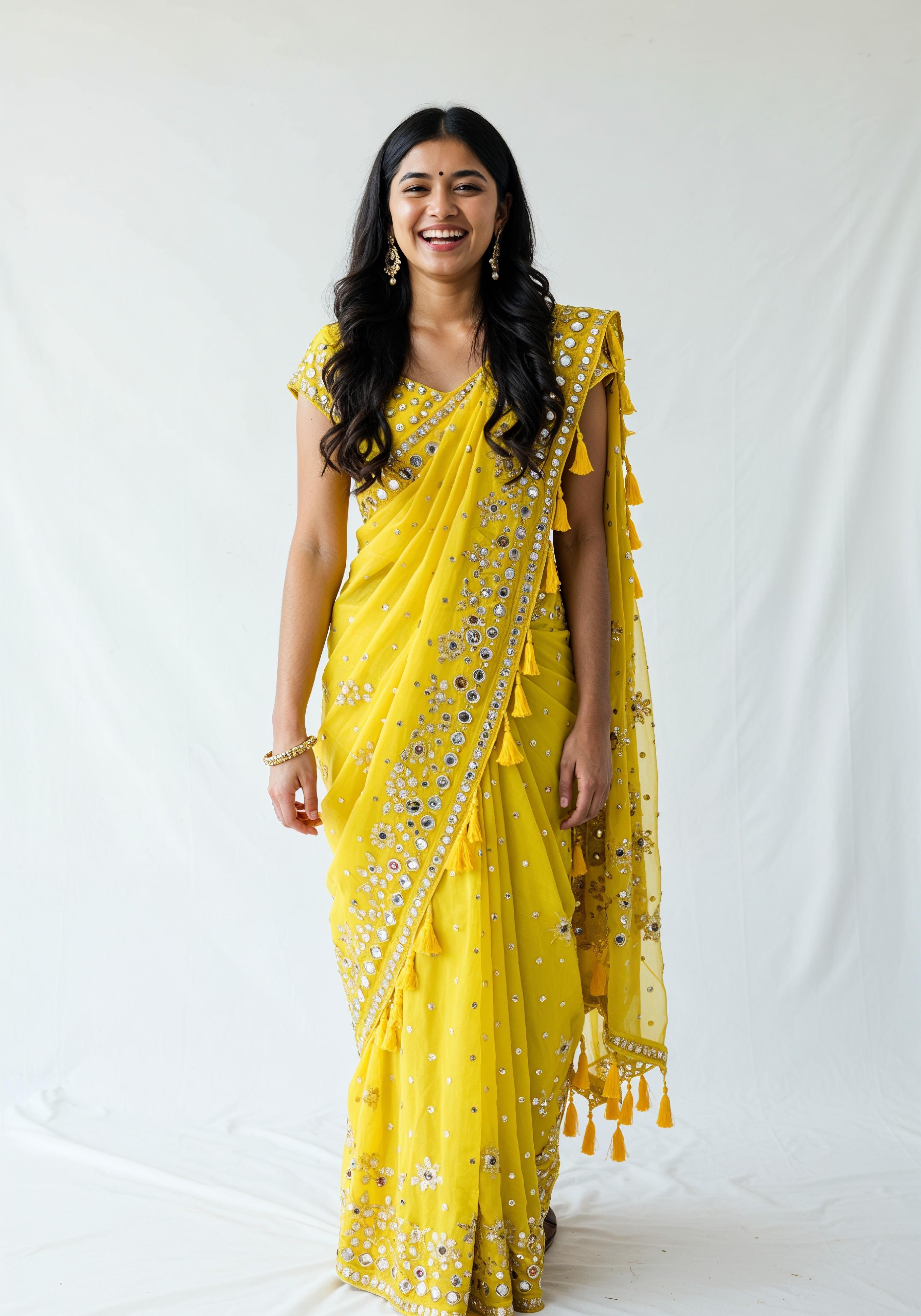 Elegant Young Indian Woman in Traditional Silk Saree Fashion Portrait