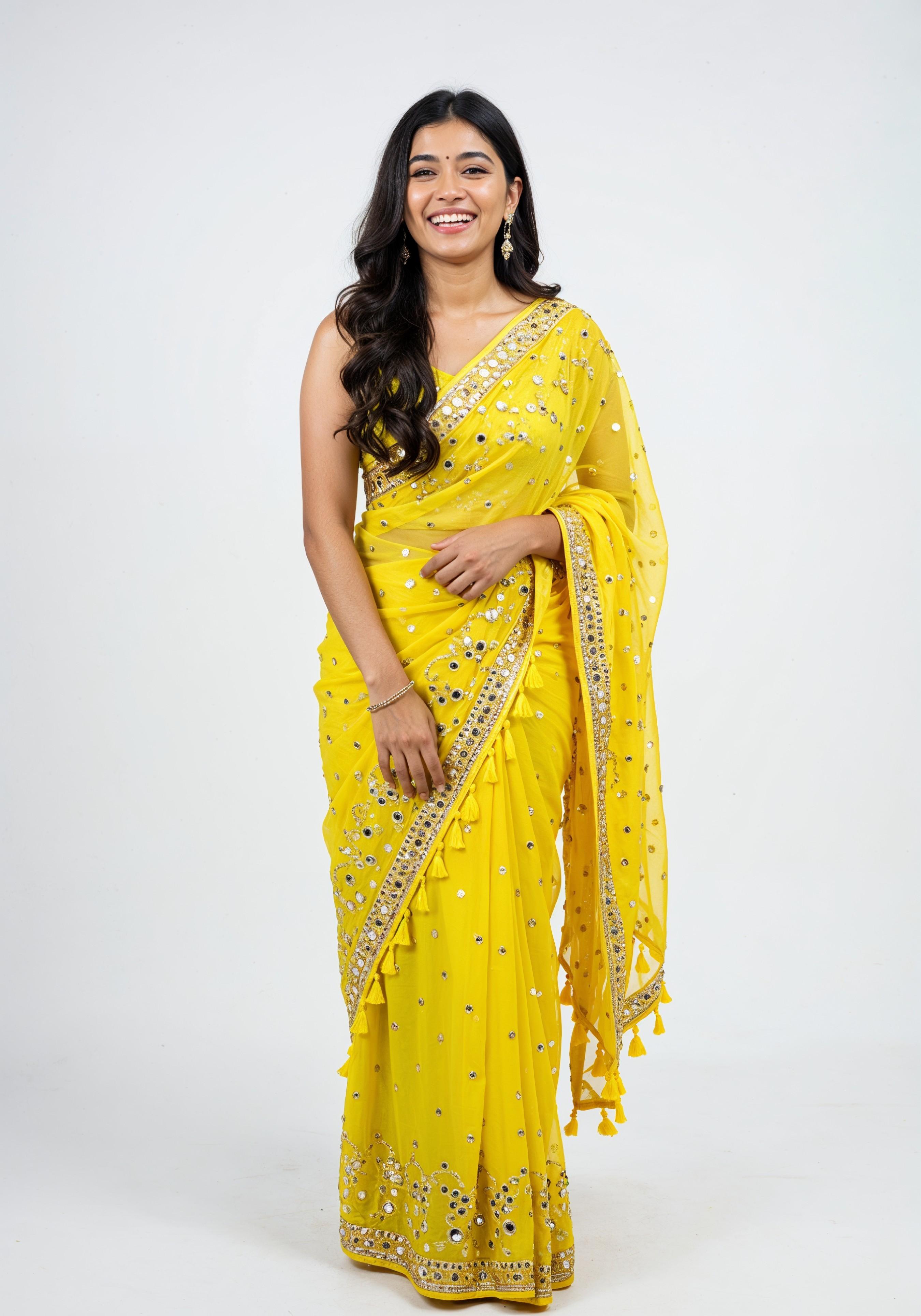 Elegant Young Indian Woman in Traditional Silk Saree Fashion Portrait