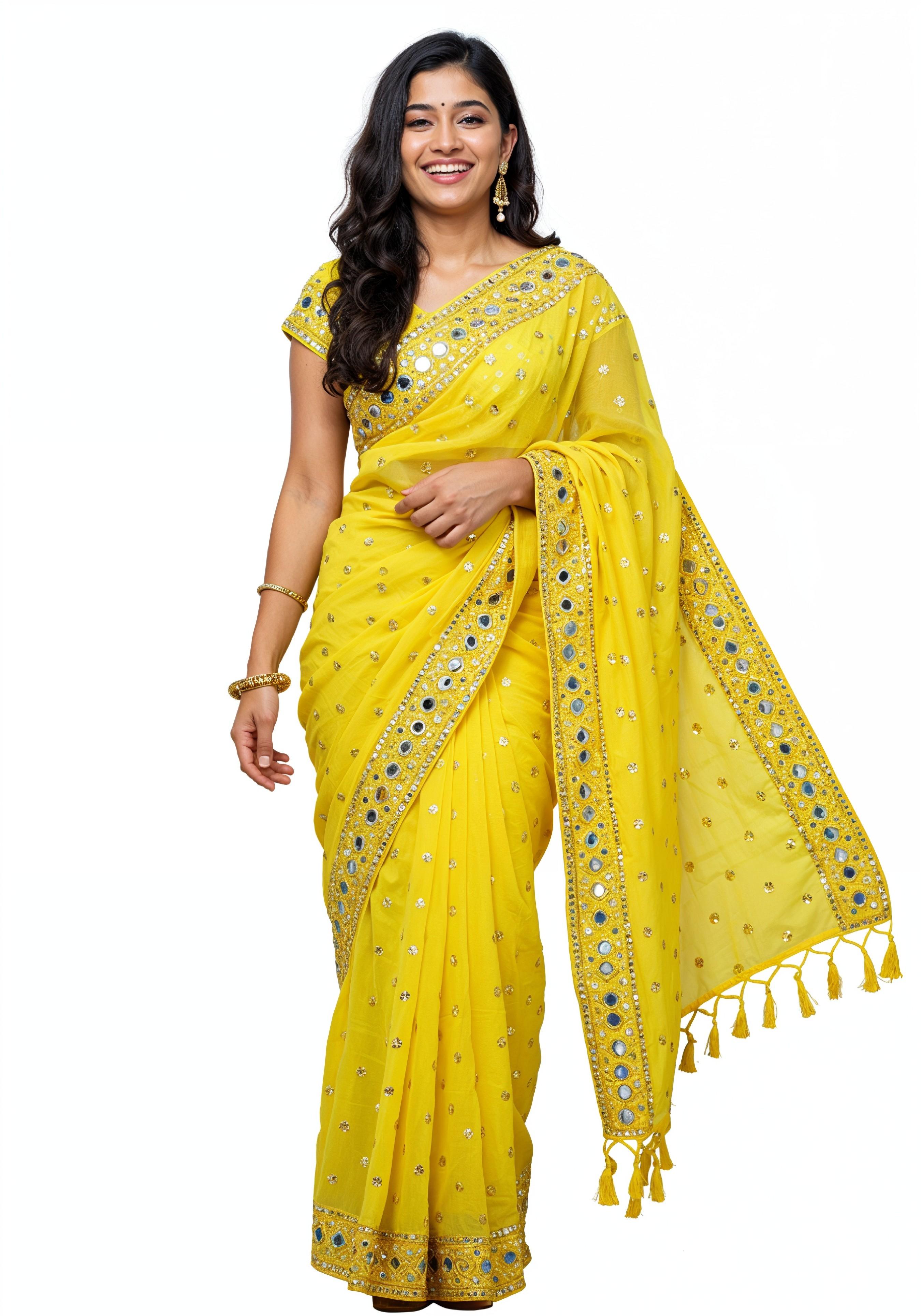 Elegant Young Indian Woman in Traditional Silk Saree Fashion Portrait