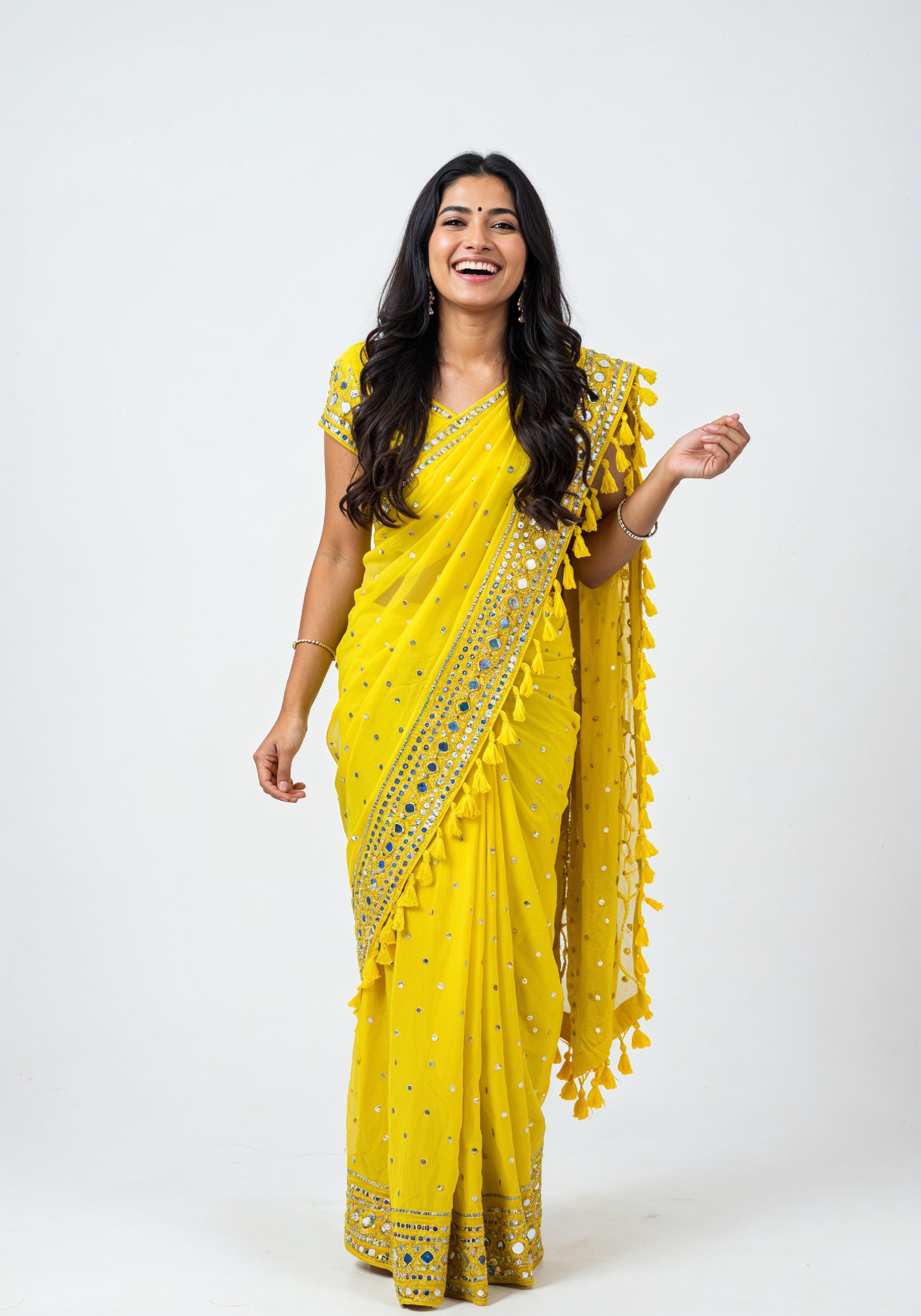 Elegant Young Indian Woman in Traditional Silk Saree Fashion Portrait