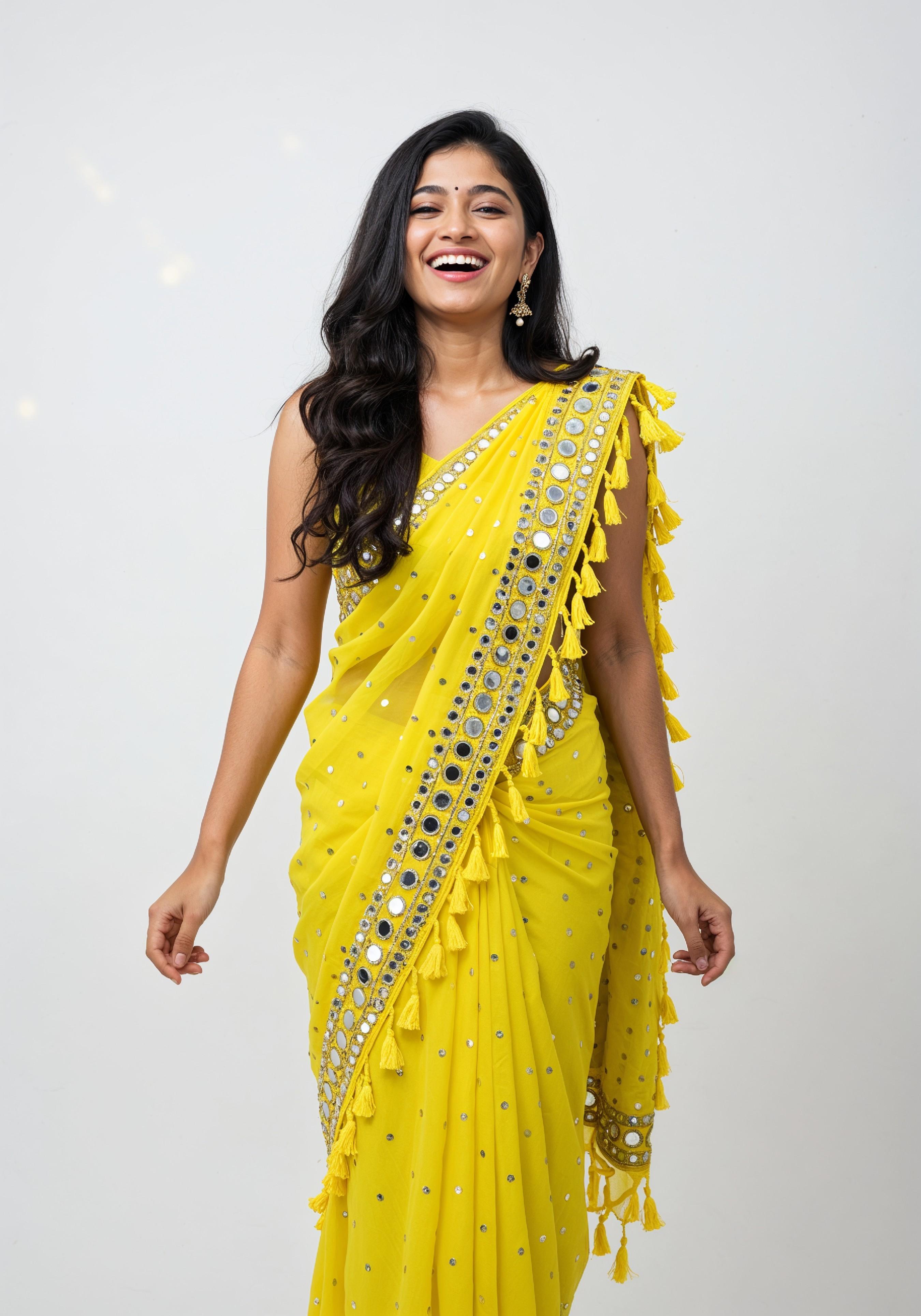 Elegant Young Indian Woman in Traditional Silk Saree Fashion Portrait