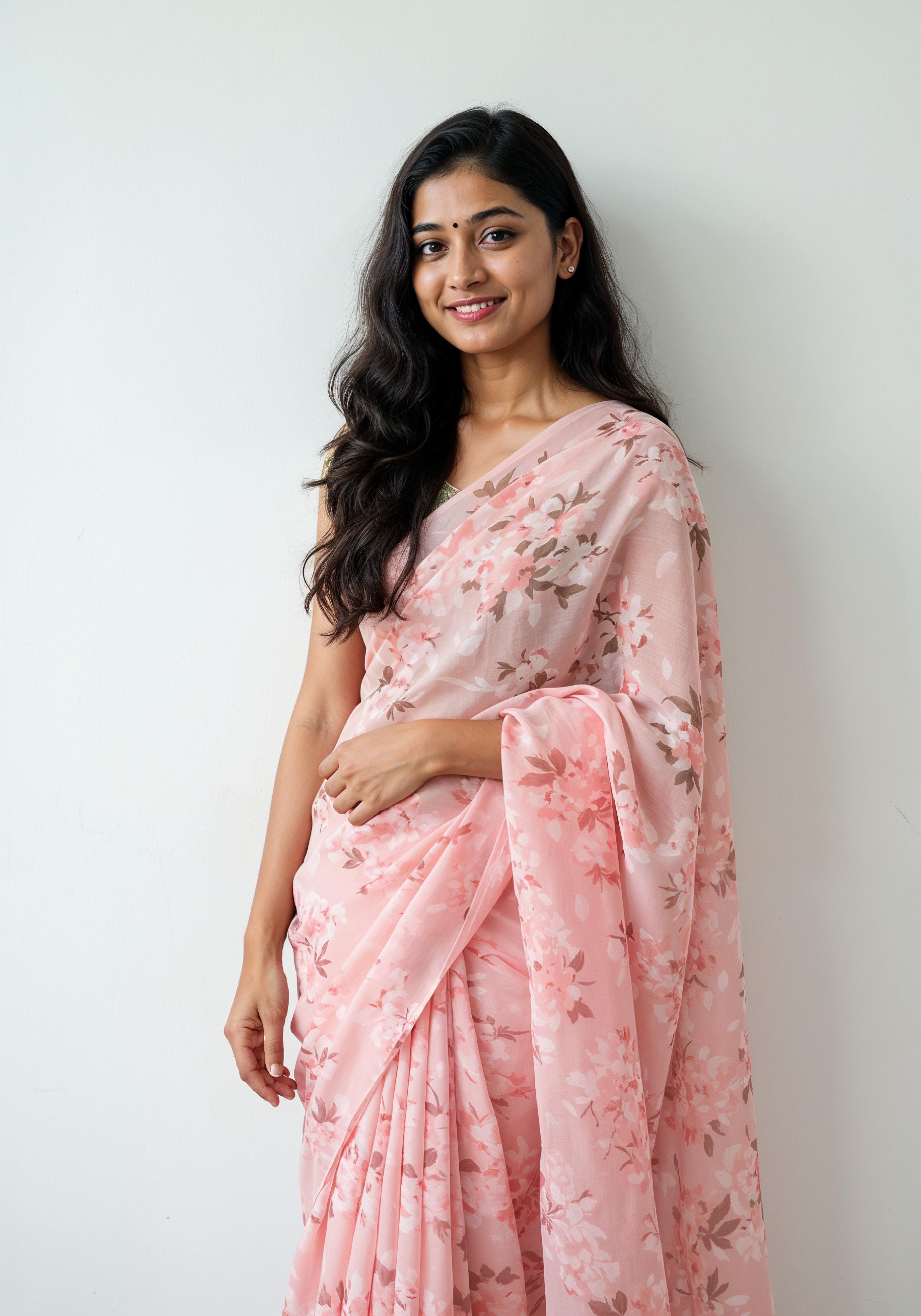 Elegant Young Indian Woman in Traditional Silk Saree Fashion Portrait