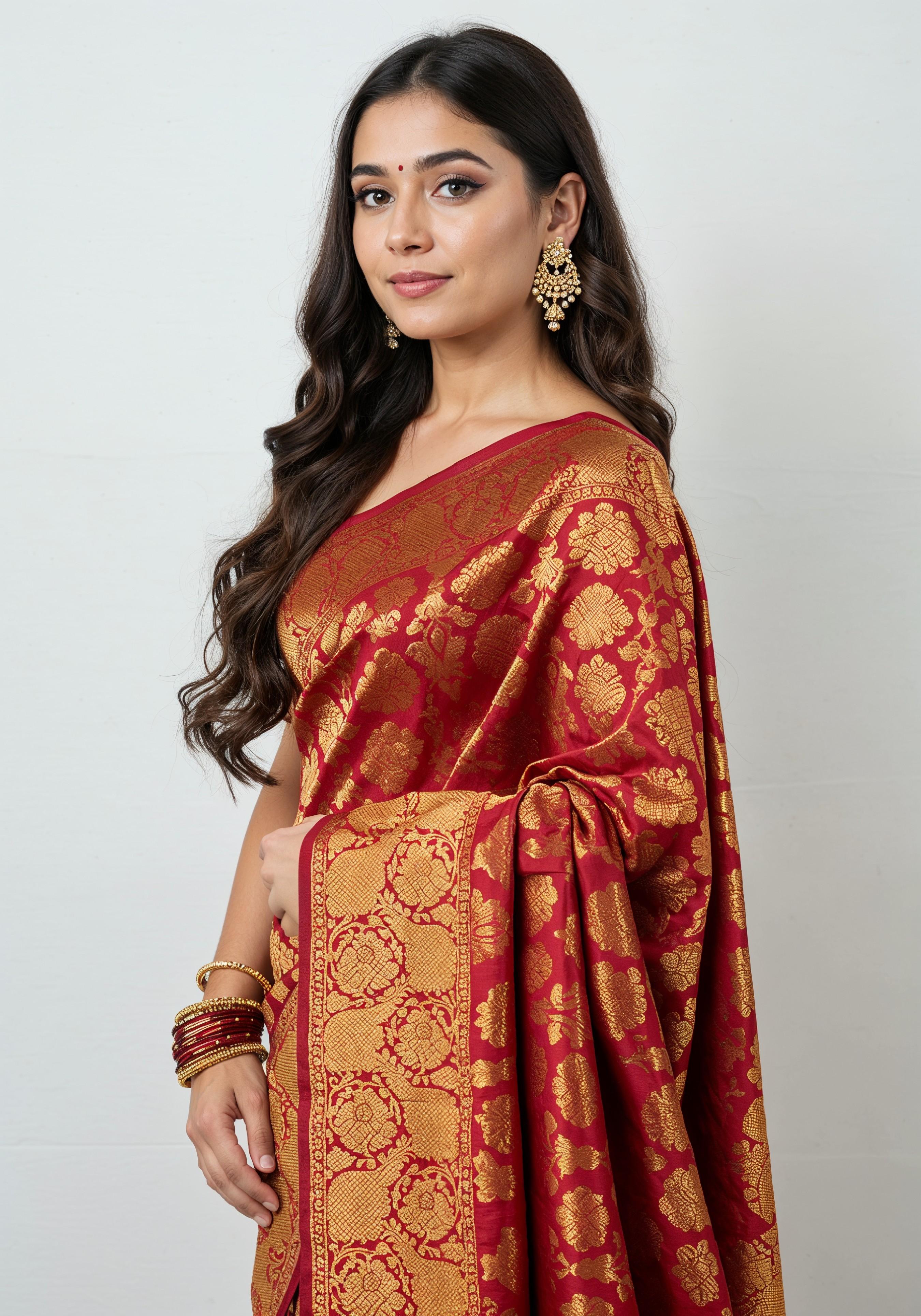Elegant Young Indian Woman in Traditional Silk Saree Fashion Portrait