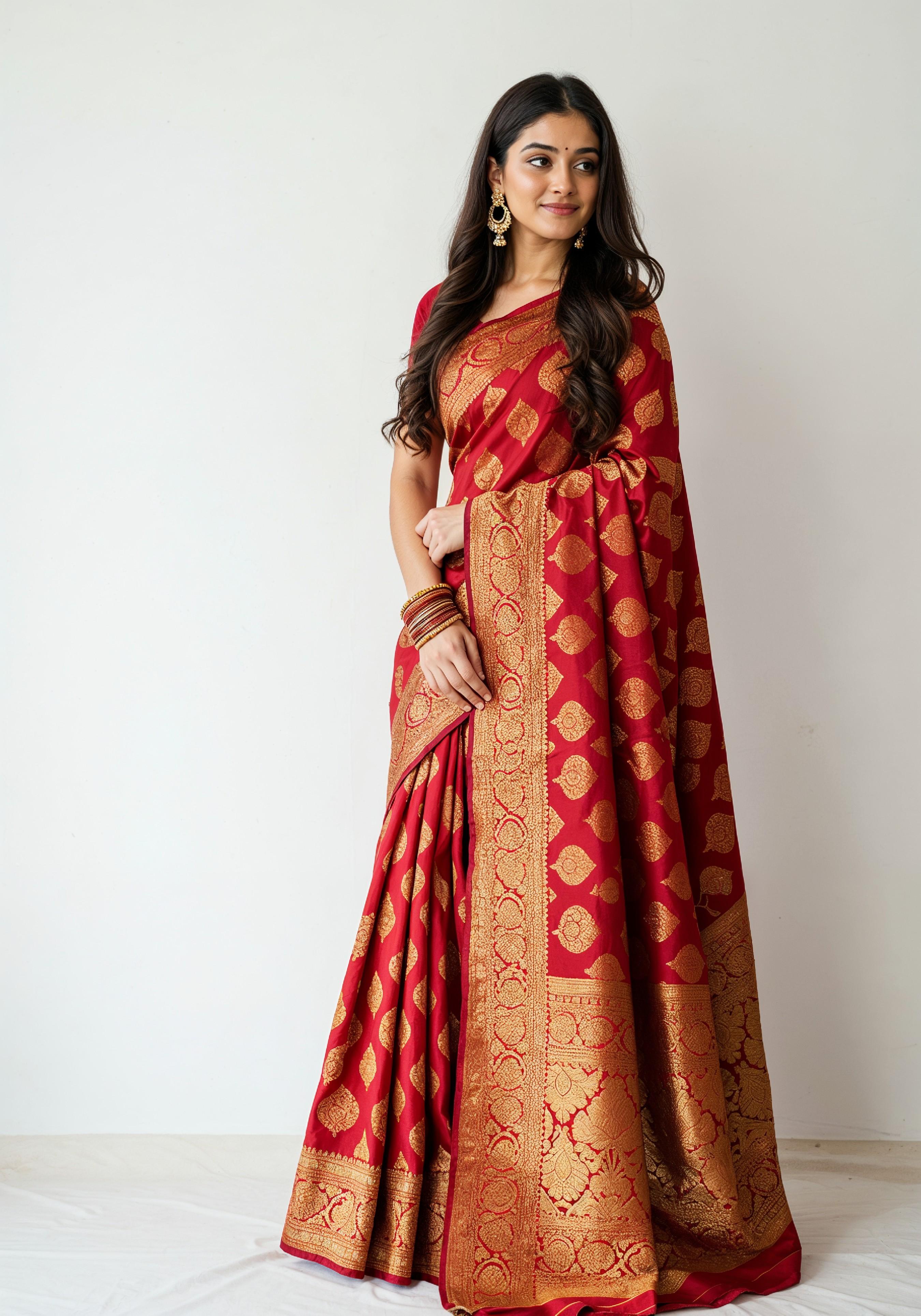 Elegant Young Indian Woman in Traditional Silk Saree Fashion Portrait