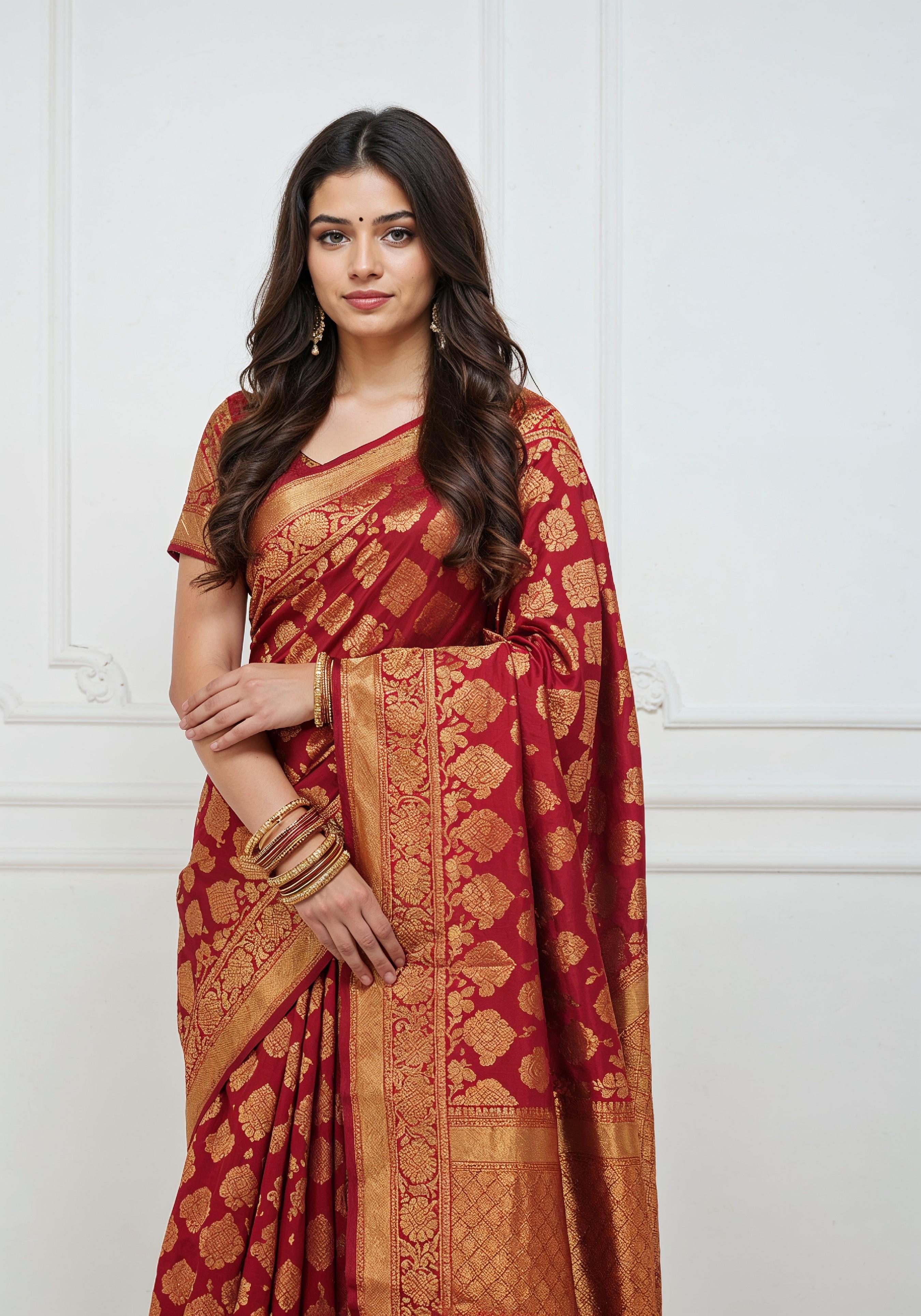 Elegant Young Indian Woman in Traditional Silk Saree Fashion Portrait