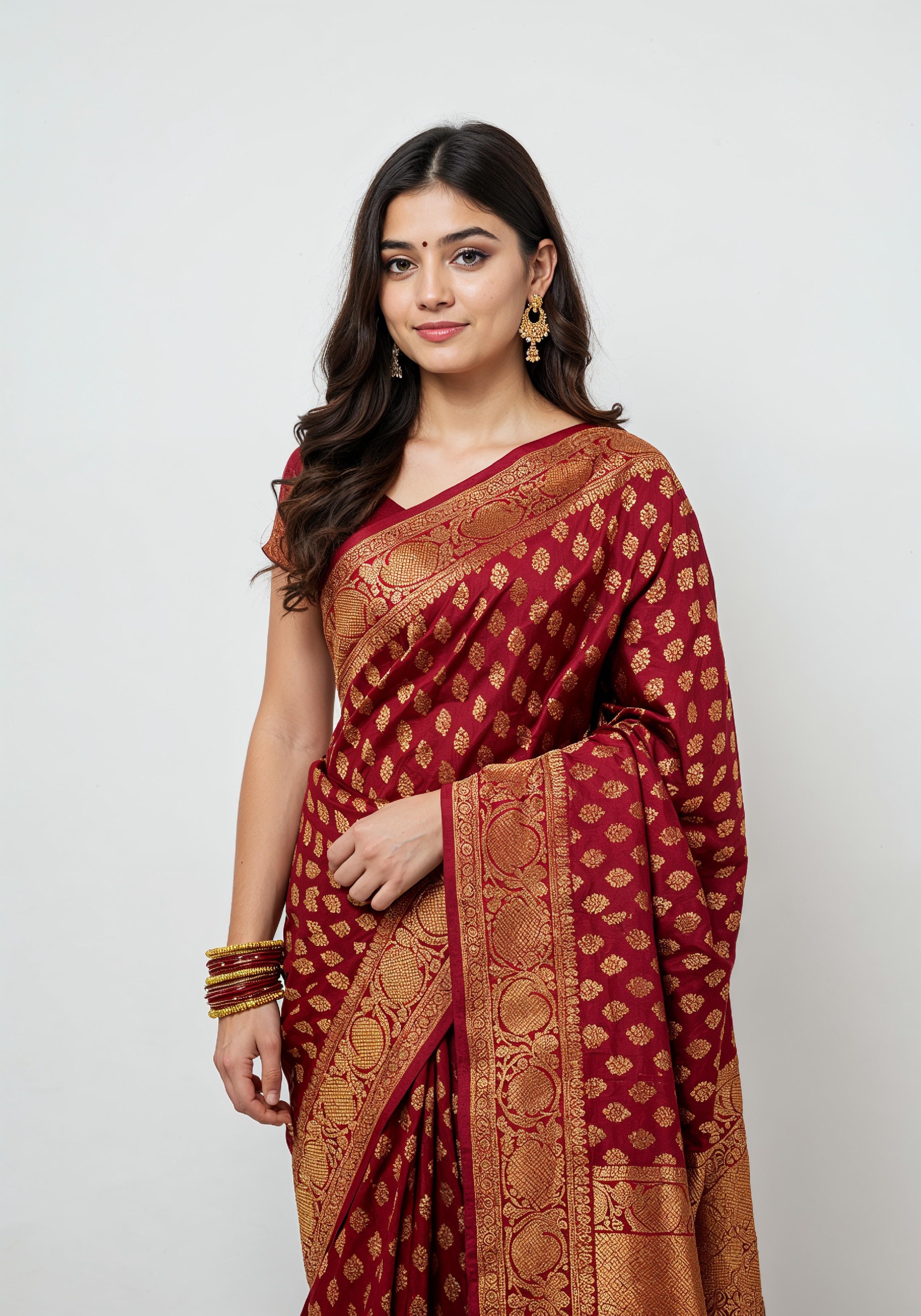 Elegant Young Indian Woman in Traditional Silk Saree Fashion Portrait
