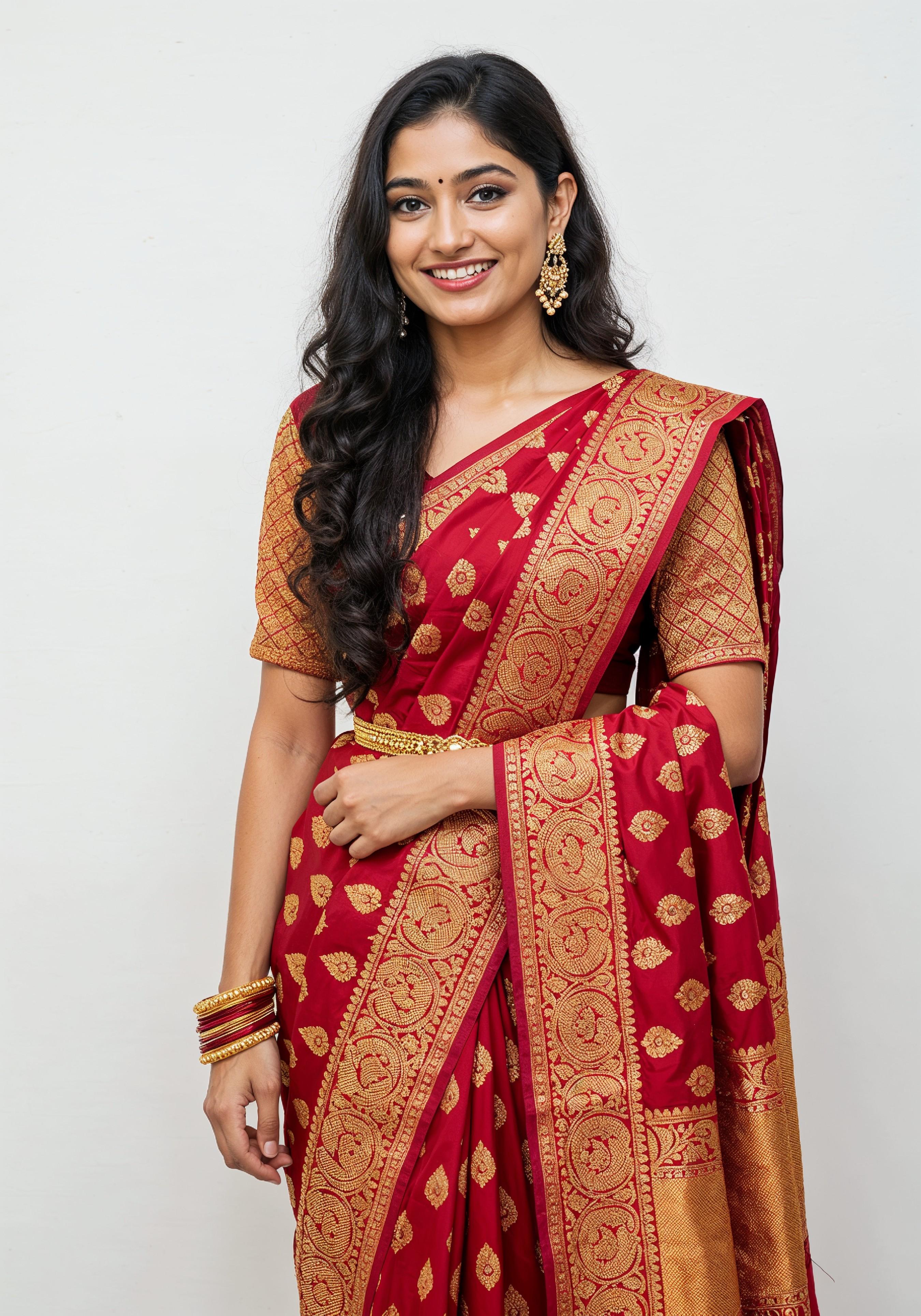 Elegant Young Indian Woman in Traditional Silk Saree Fashion Portrait