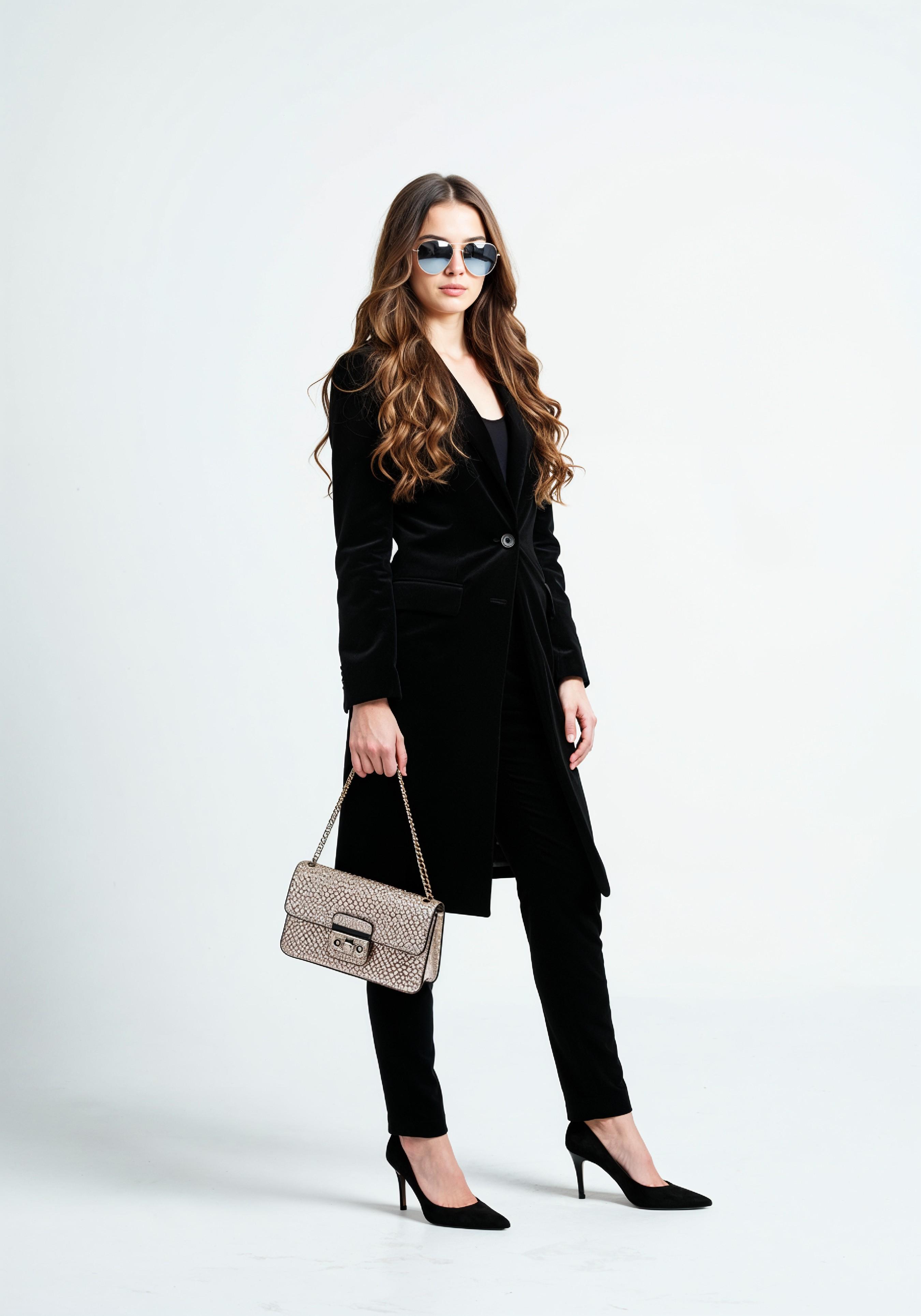 Elegant Young Woman in Coat and Matching Trousers Fashion Portrait