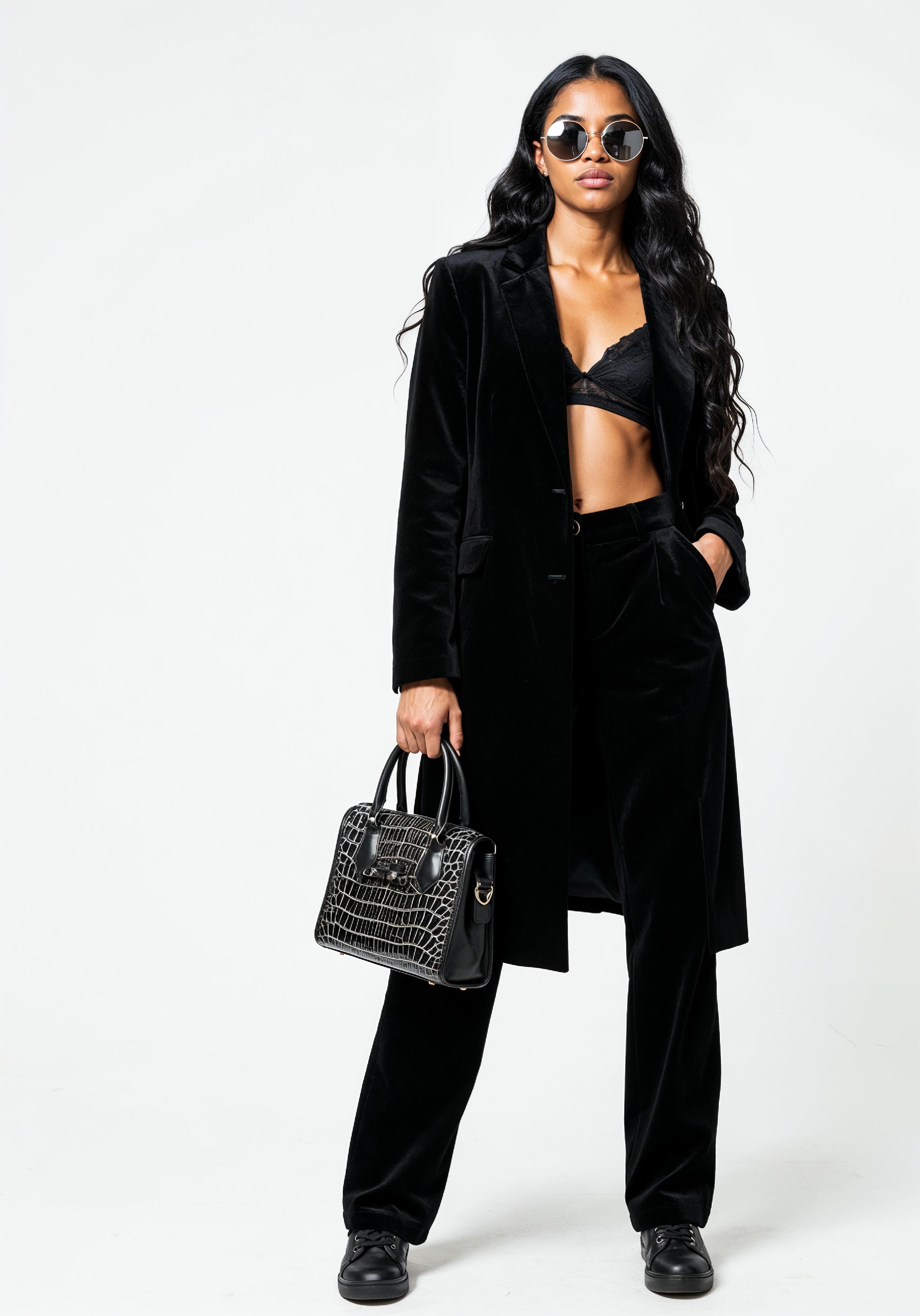 Elegant Young Woman in Coat and Matching Trousers Fashion Portrait
