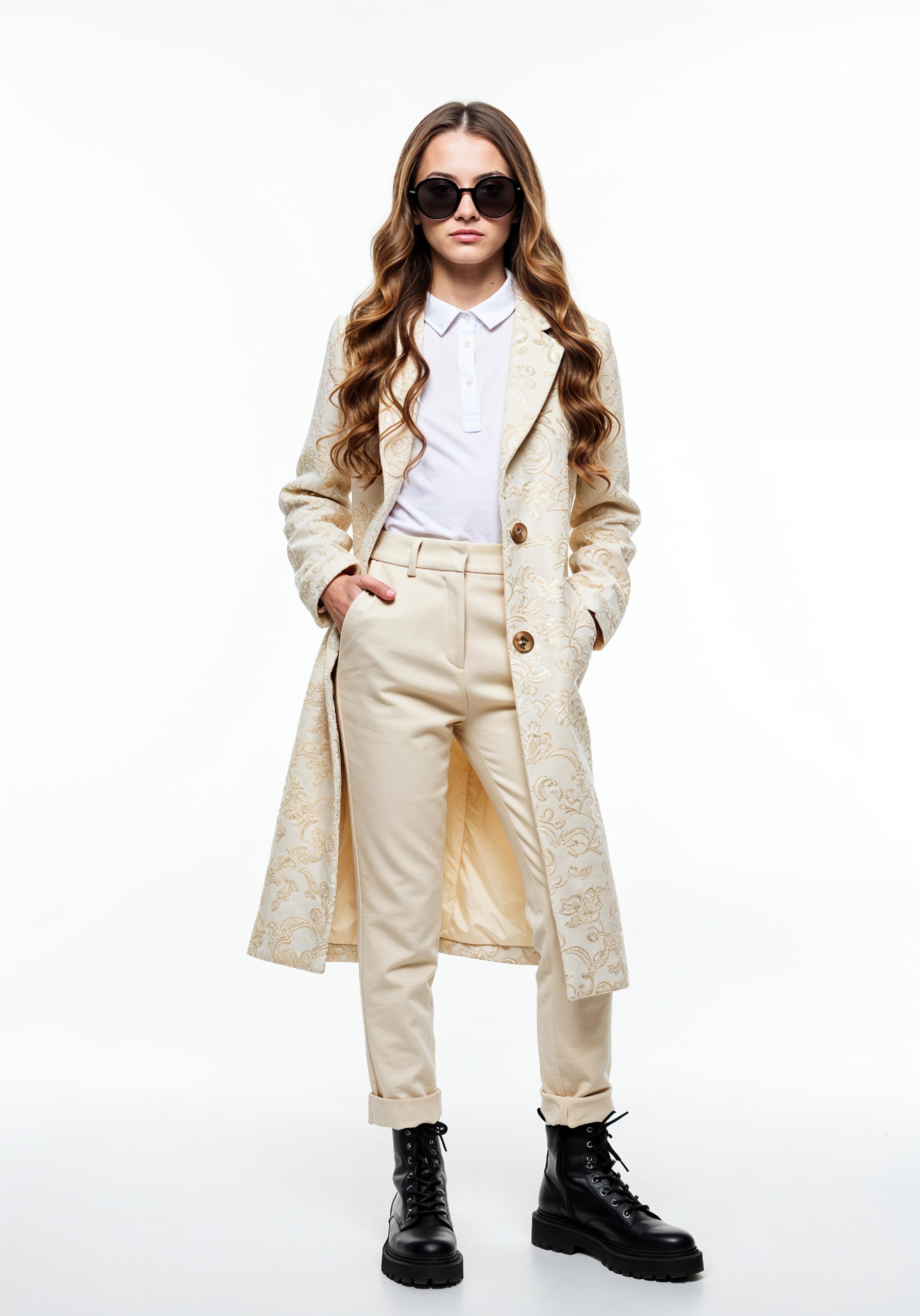 Elegant Young Woman in Coat and Matching Trousers Fashion Portrait