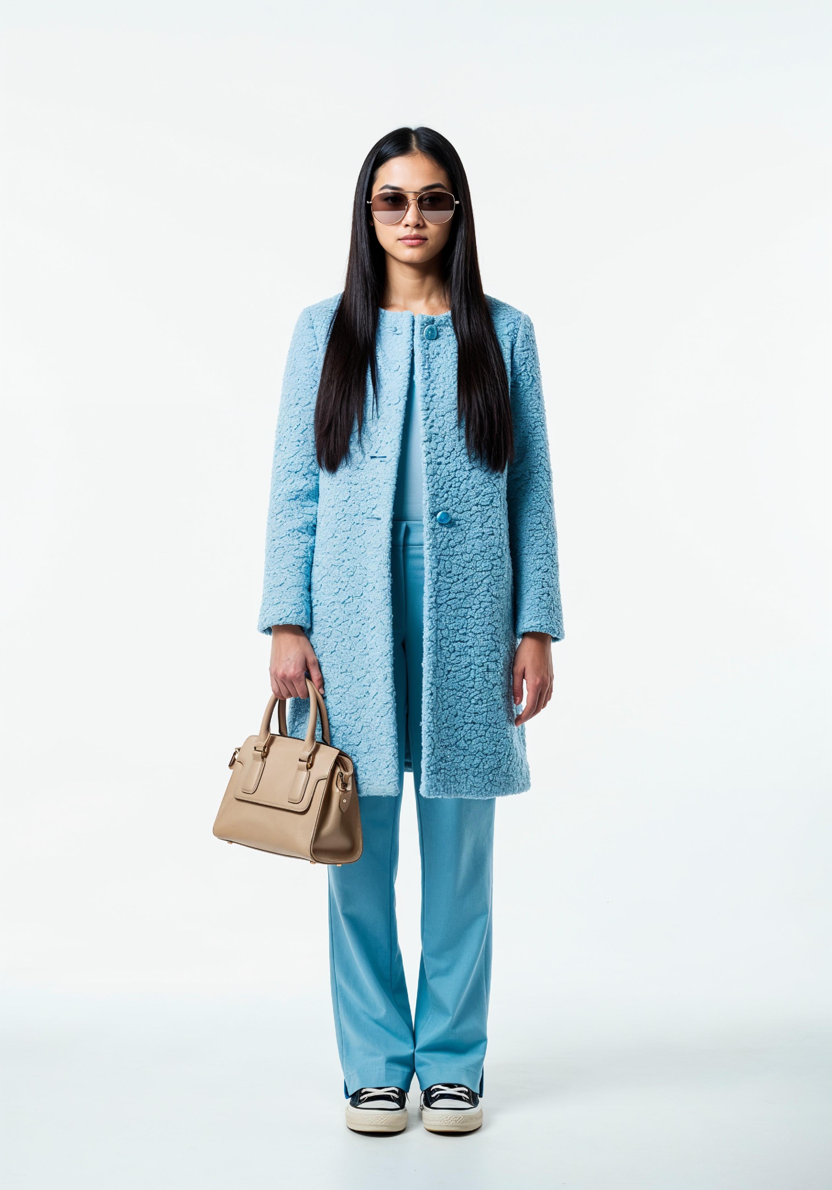 Elegant Young Woman in Coat and Matching Trousers Fashion Portrait