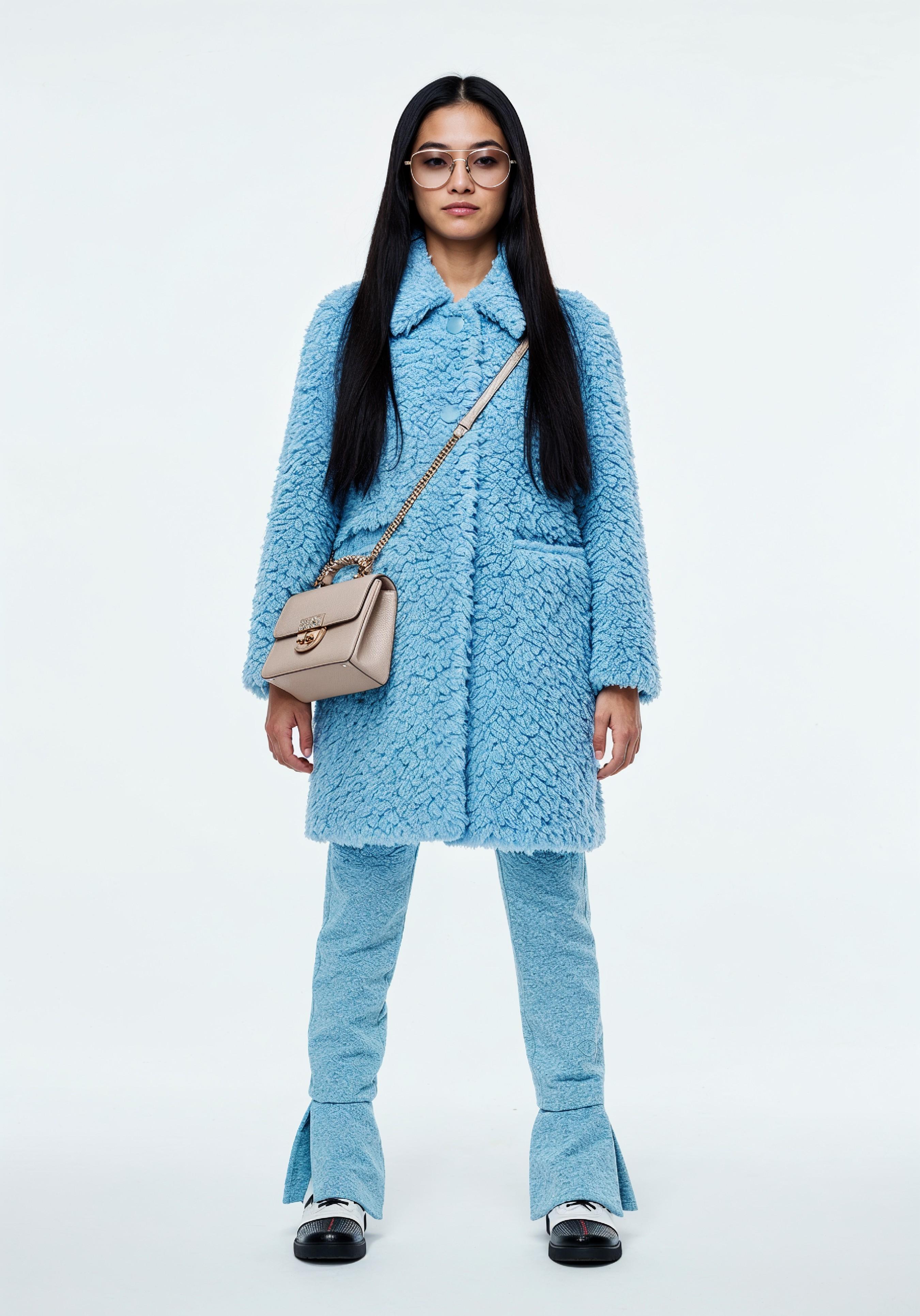 Elegant Young Woman in Coat and Matching Trousers Fashion Portrait
