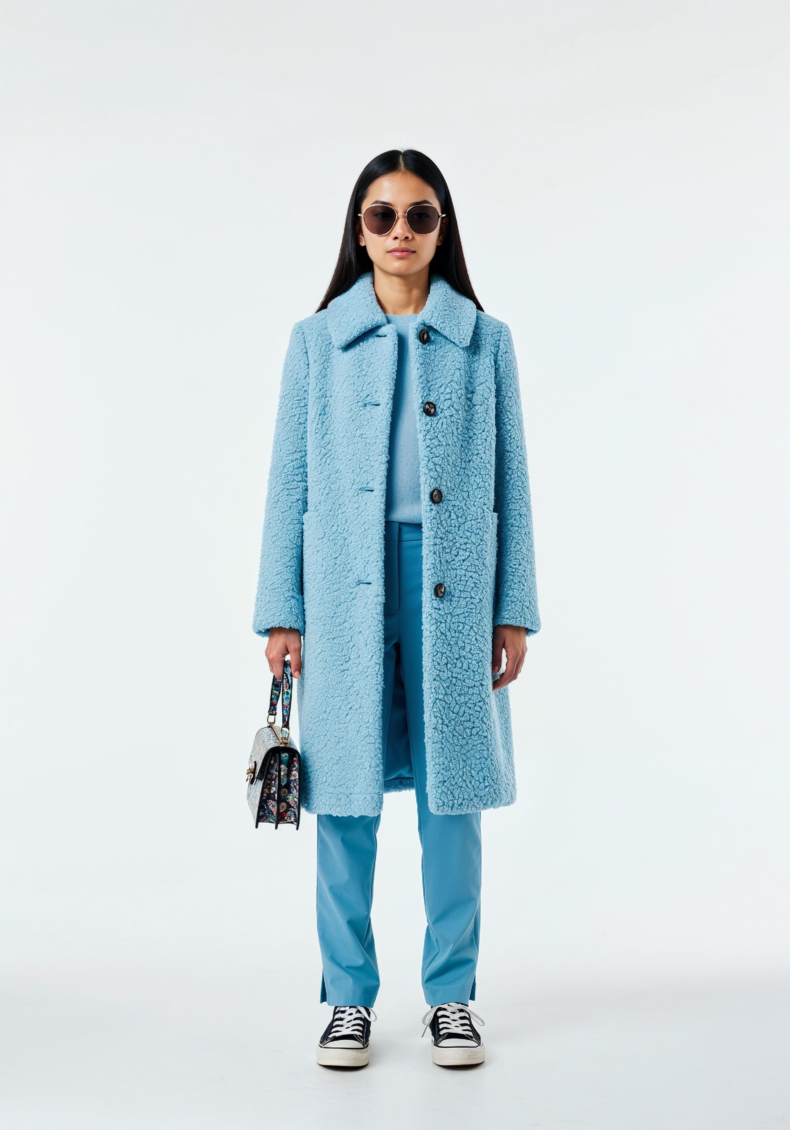 Elegant Young Woman in Coat and Matching Trousers Fashion Portrait