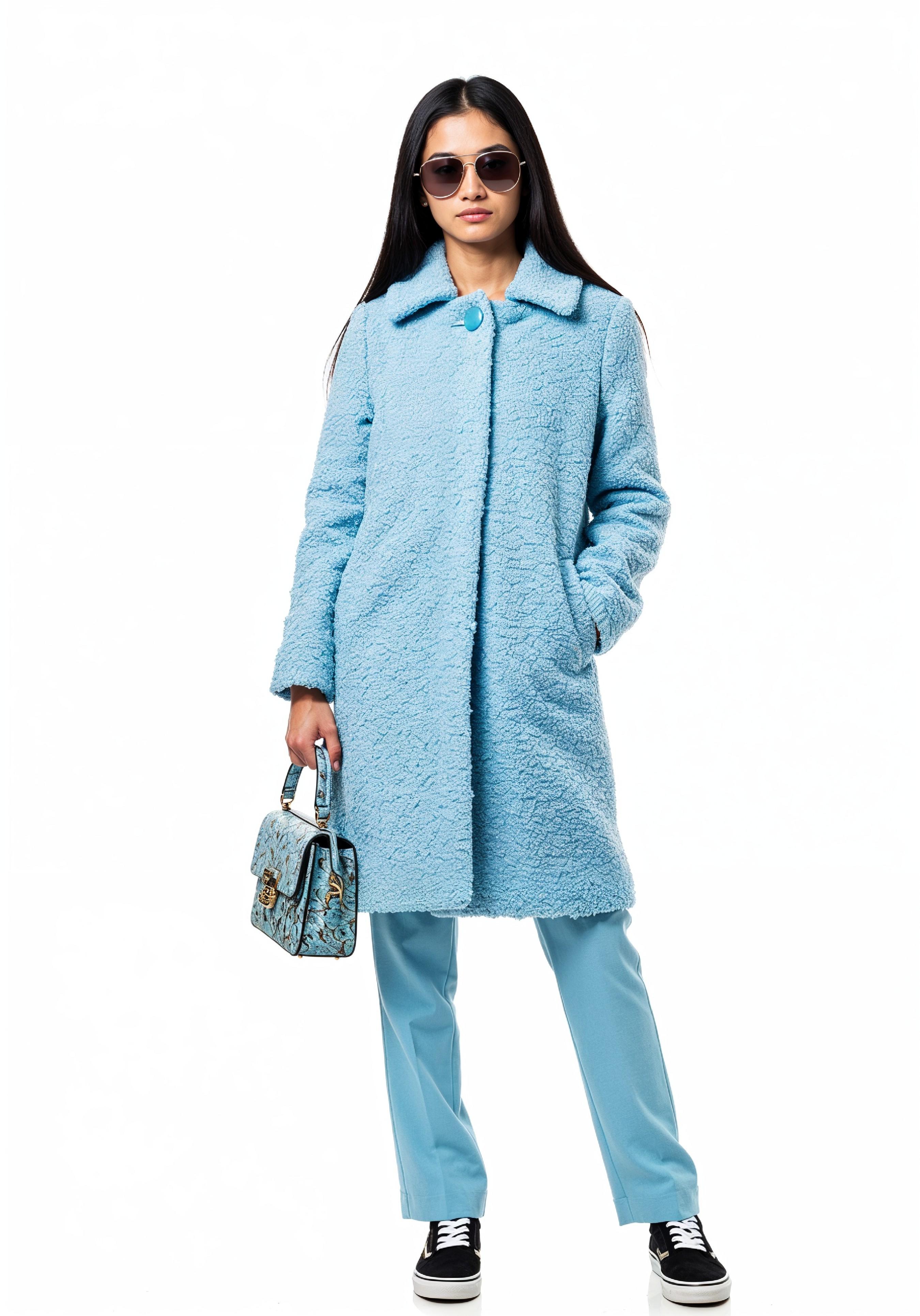 Elegant Young Woman in Coat and Matching Trousers Fashion Portrait