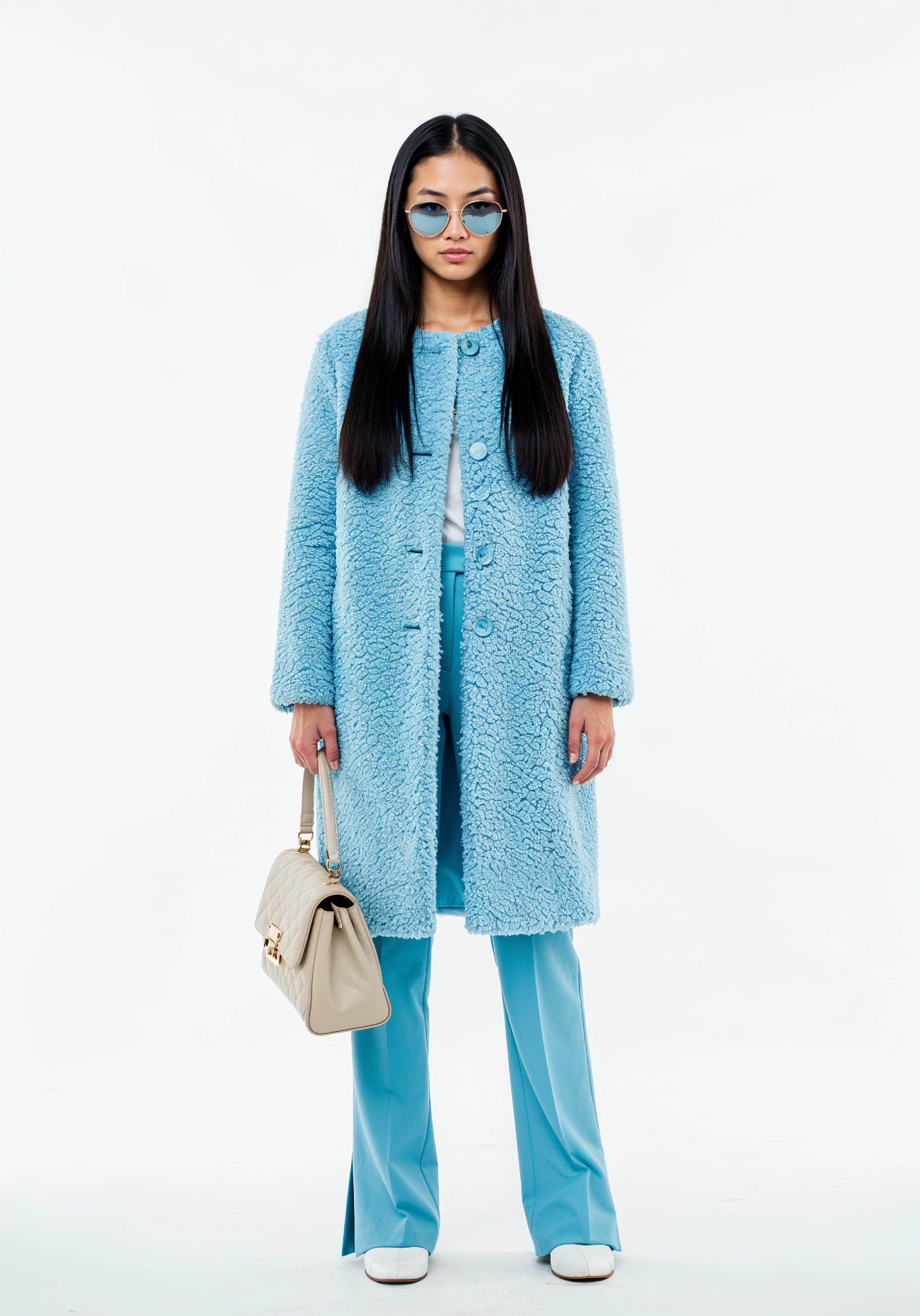 Elegant Young Woman in Coat and Matching Trousers Fashion Portrait