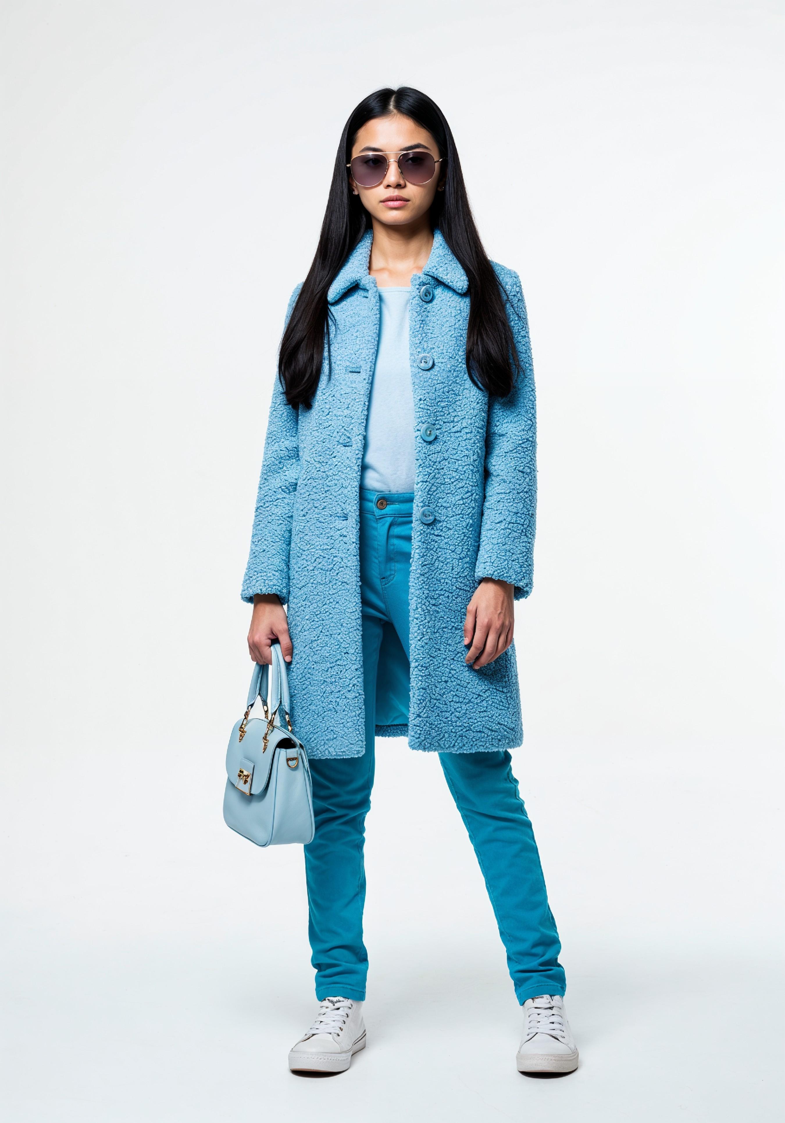 Elegant Young Woman in Coat and Matching Trousers Fashion Portrait