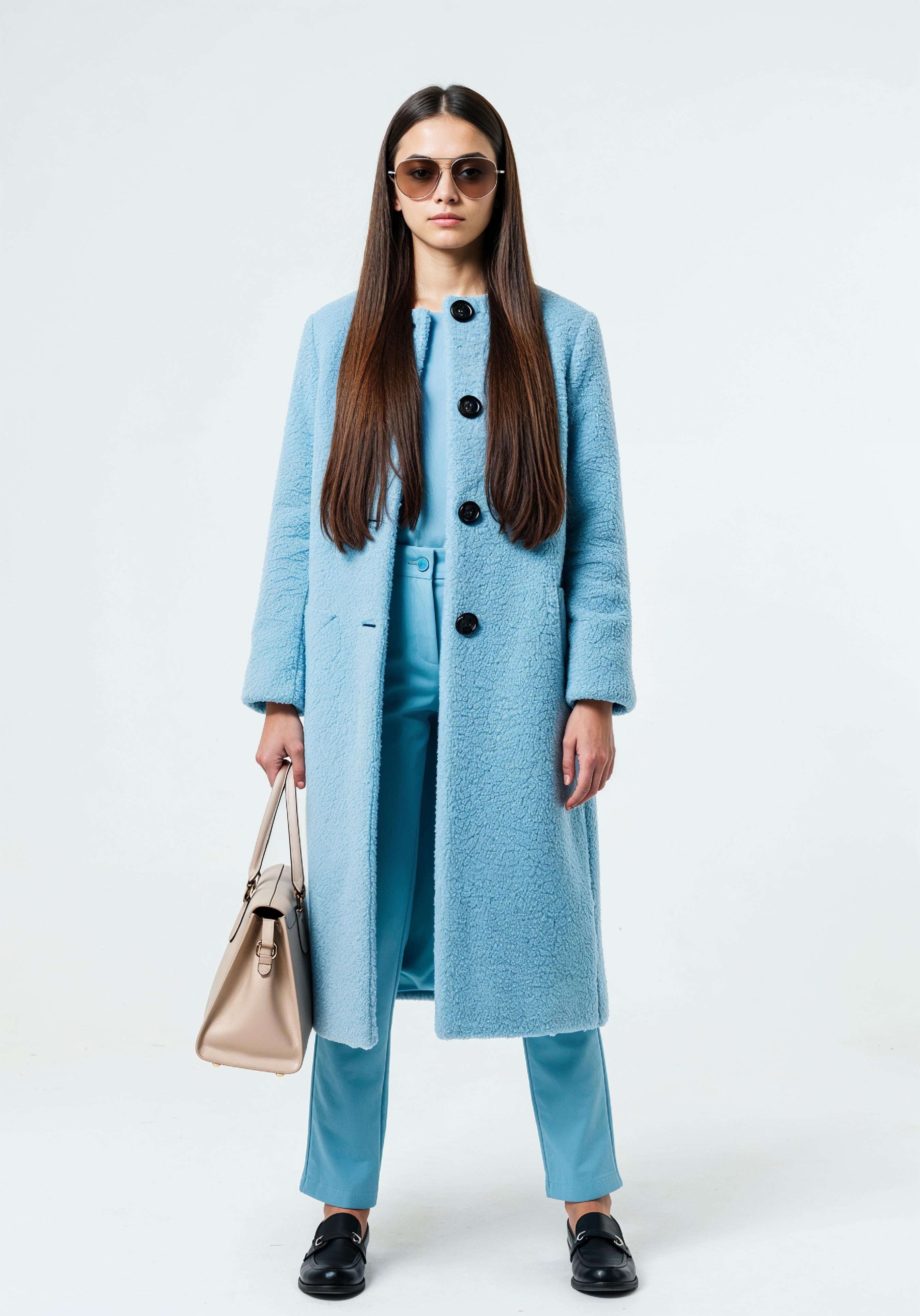 Elegant Young Woman in Coat and Matching Trousers Fashion Portrait