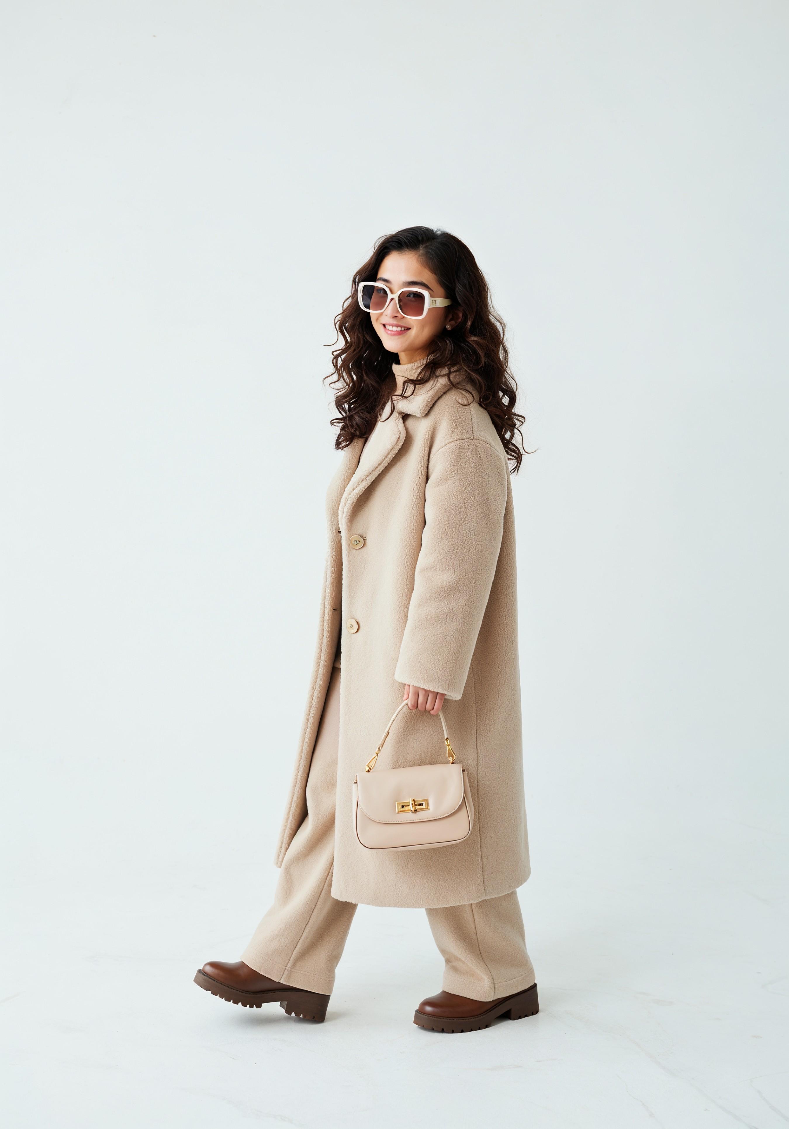 Elegant Young Woman in Coat and Matching Trousers Fashion Portrait