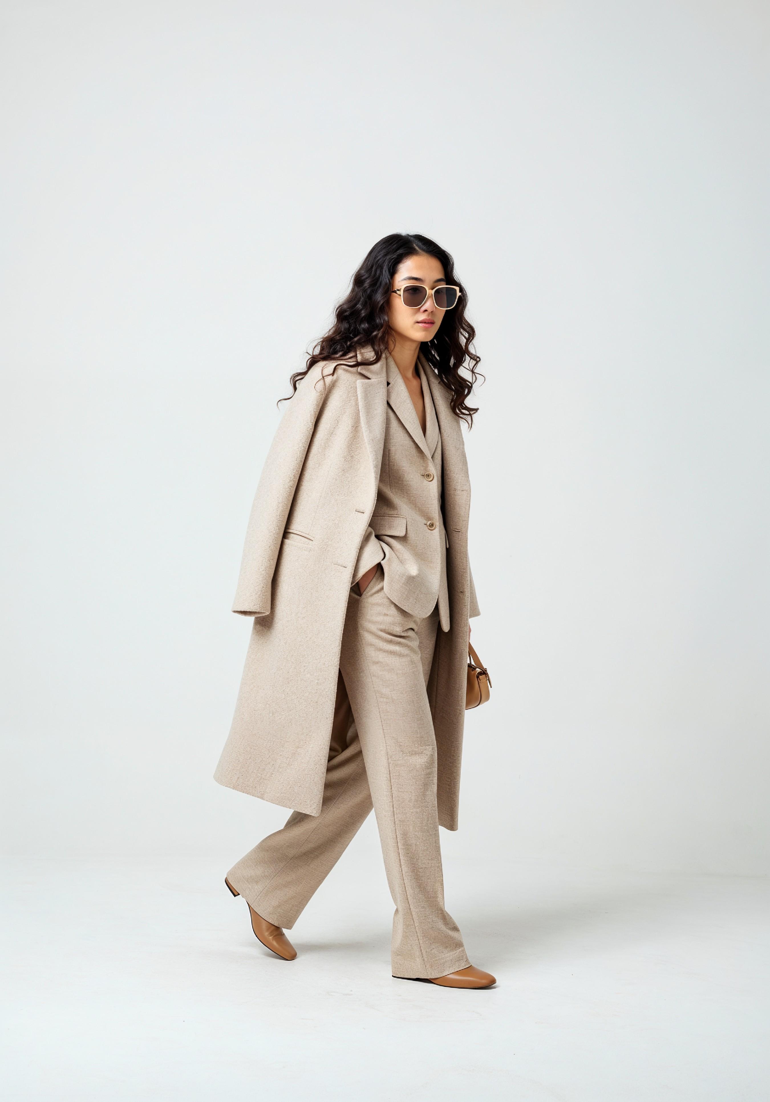 Elegant Young Woman in Coat and Matching Trousers Fashion Portrait