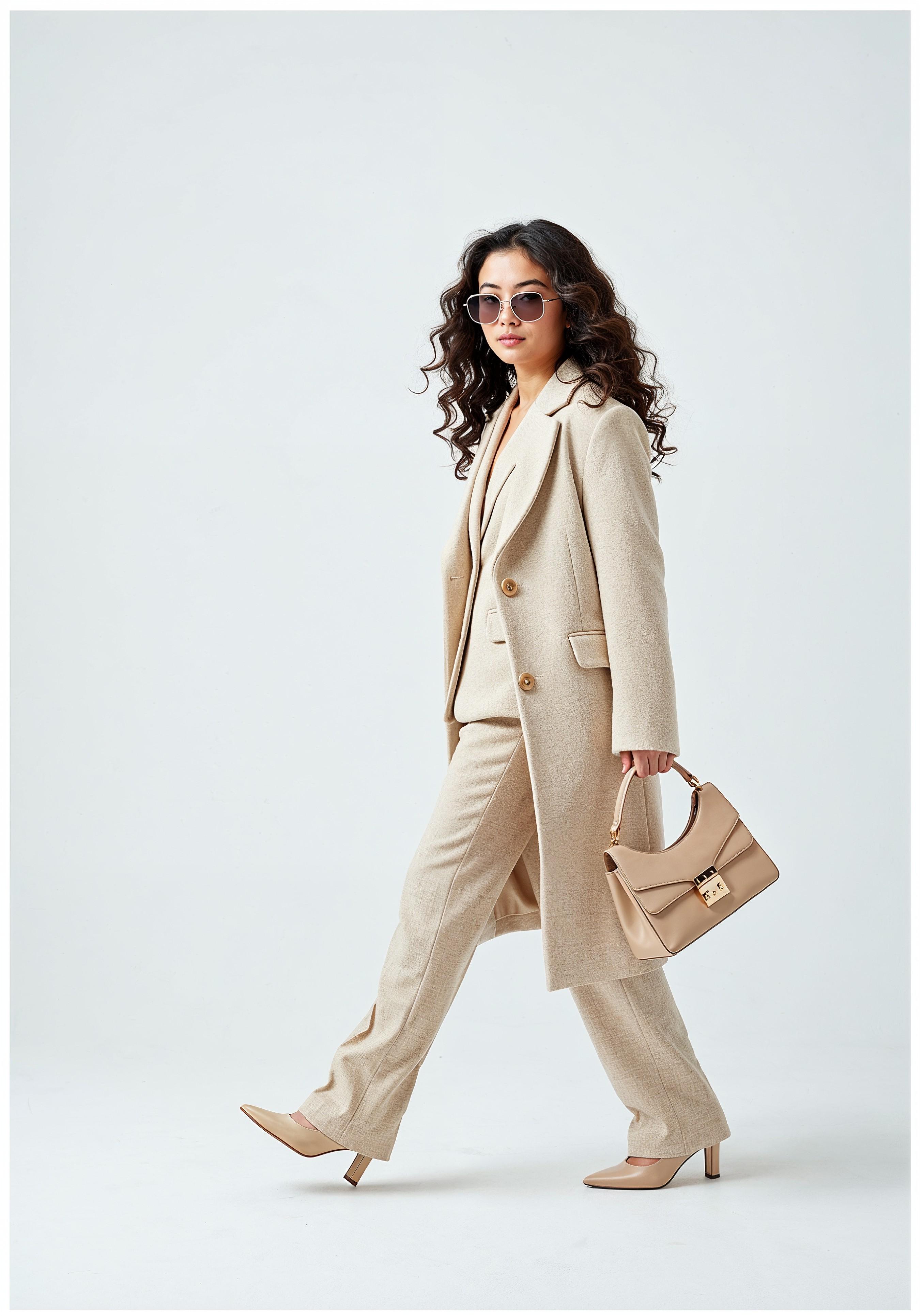 Elegant Young Woman in Coat and Matching Trousers Fashion Portrait