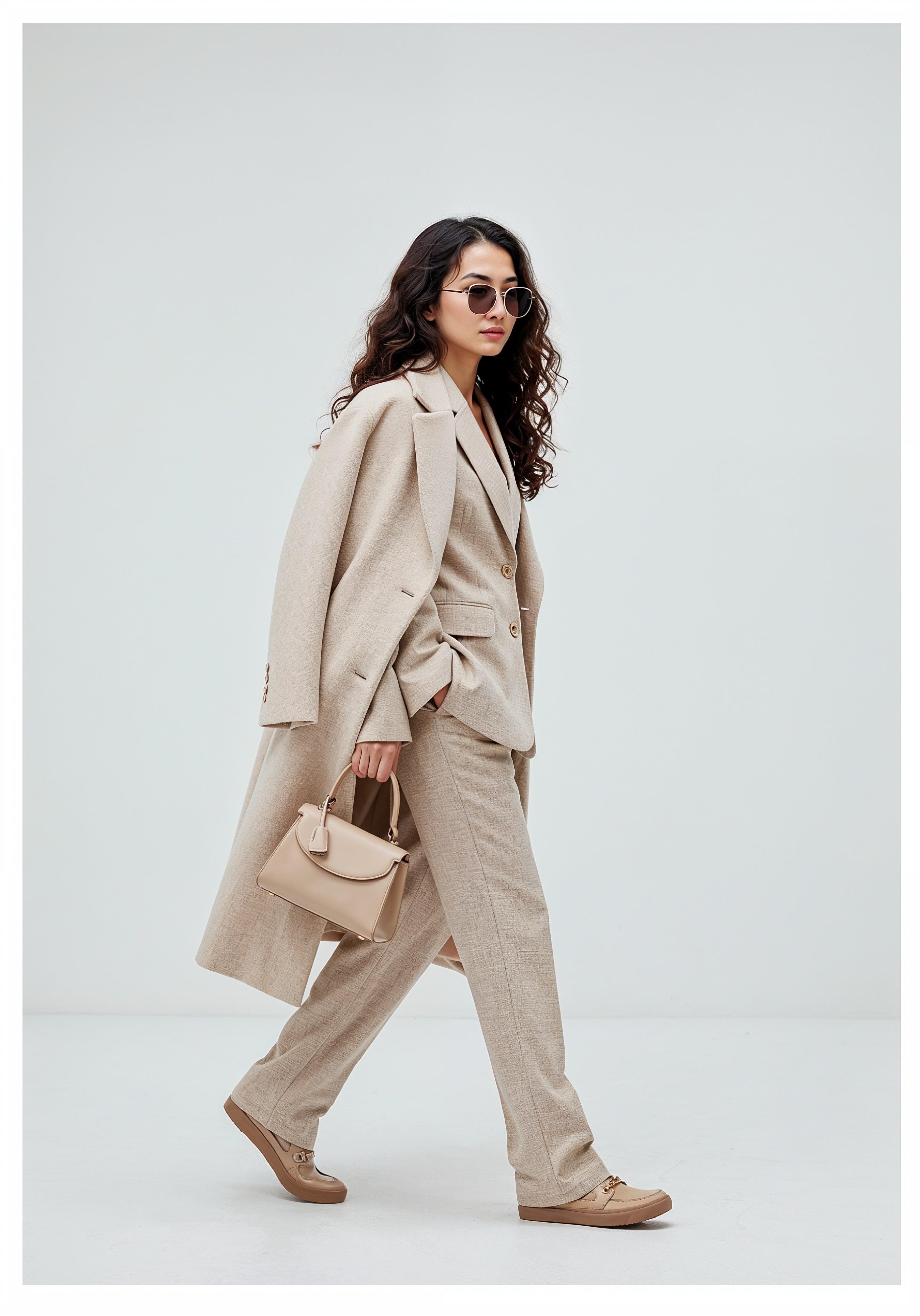 Elegant Young Woman in Coat and Matching Trousers Fashion Portrait