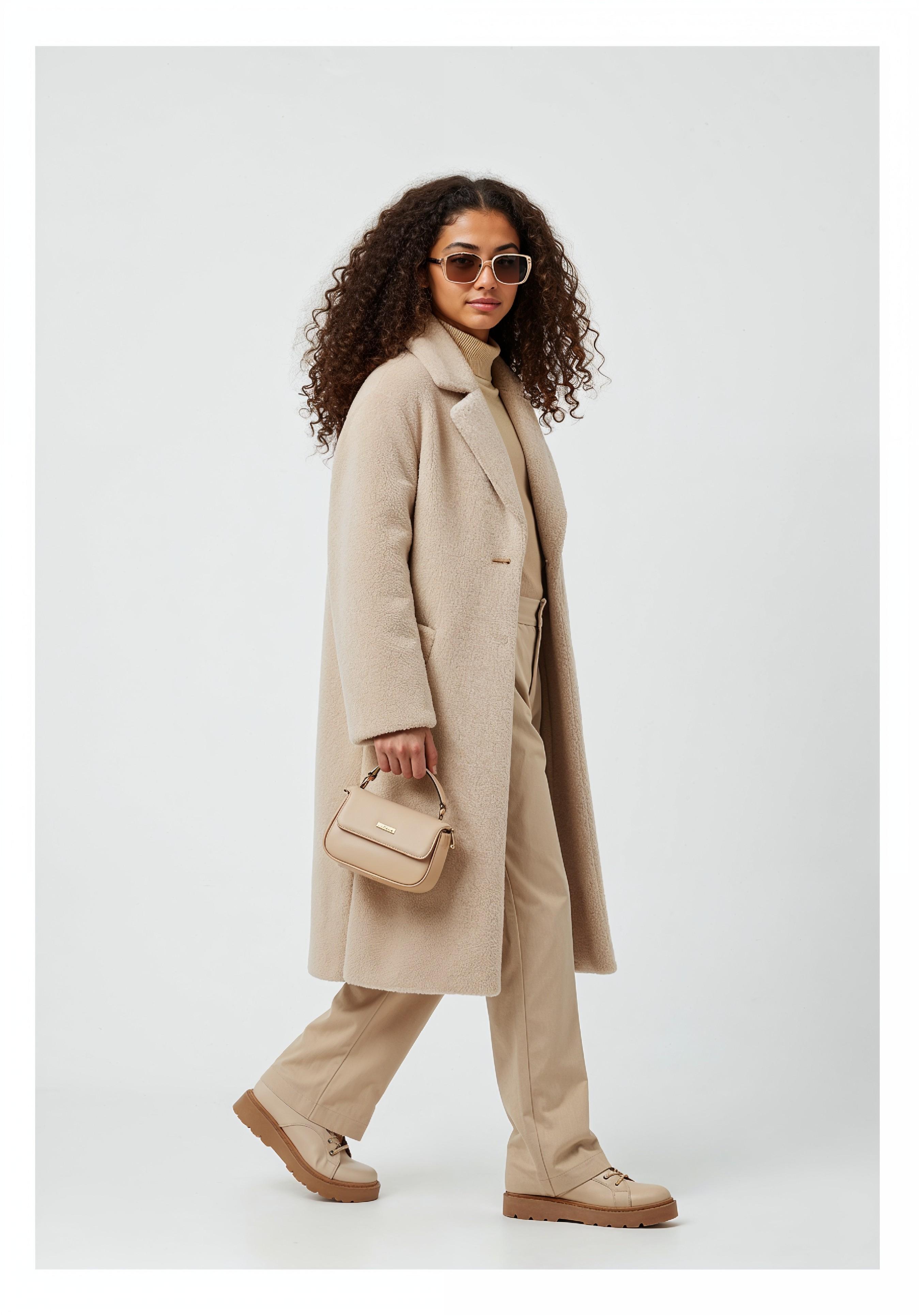 Elegant Young Woman in Coat and Matching Trousers Fashion Portrait
