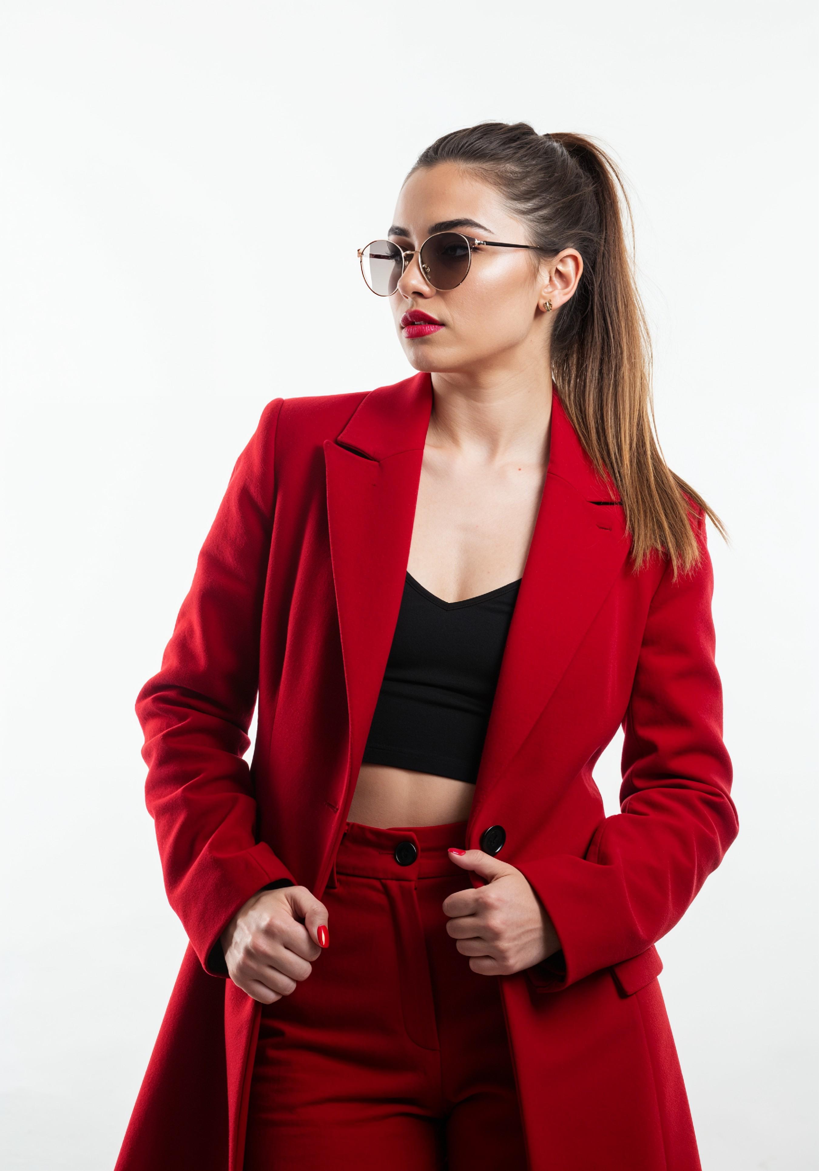 Elegant Young Woman in Coat and Matching Trousers Fashion Portrait